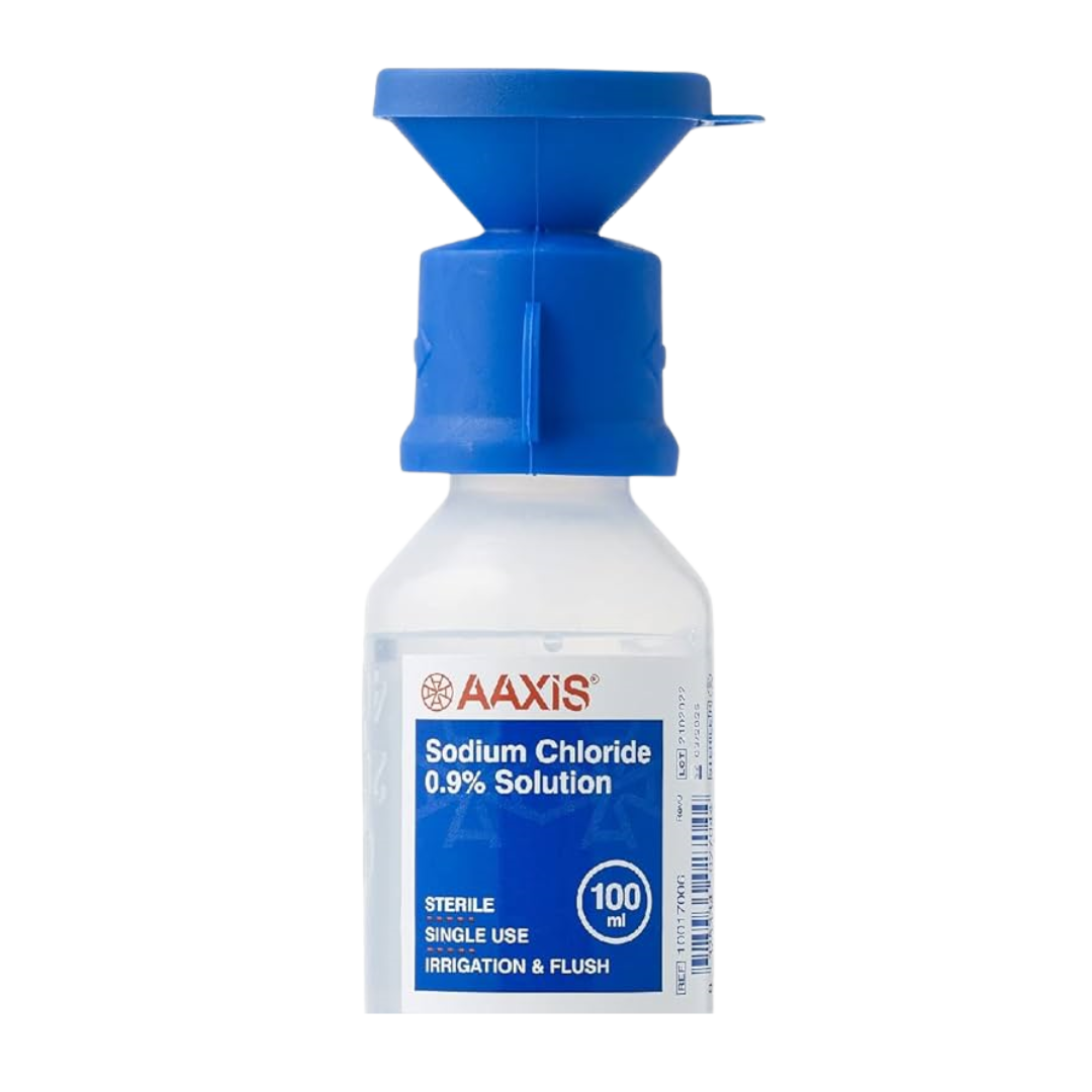 AAXIS Sodium Chloride 0.9% Solution, 100ml bottle, sterile single-use for irrigation and flush, with blue cap and label

