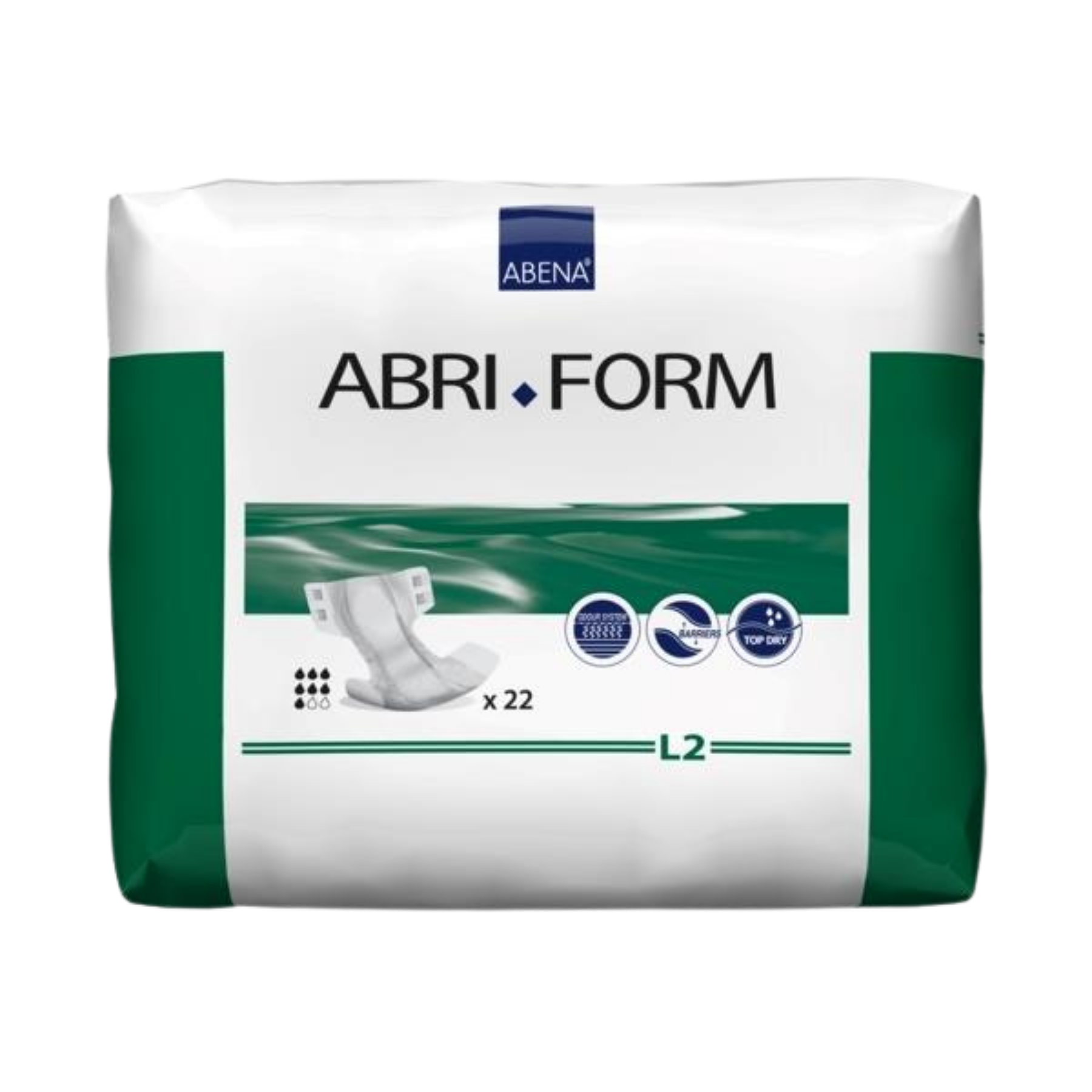 Abena Abri-Form Comfort L2 Large Green incontinence pads with 2800ml absorbency for 100-150cm hip size.