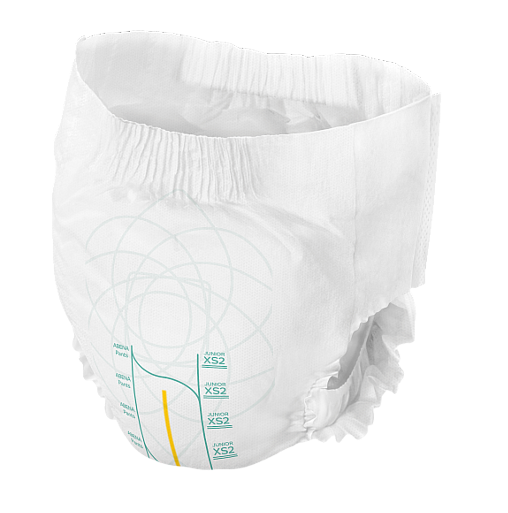 Close-up of a white Abena Junior XS2 pant showing the elastic waistband, leg ruffles, and decorative green geometric patterns.
