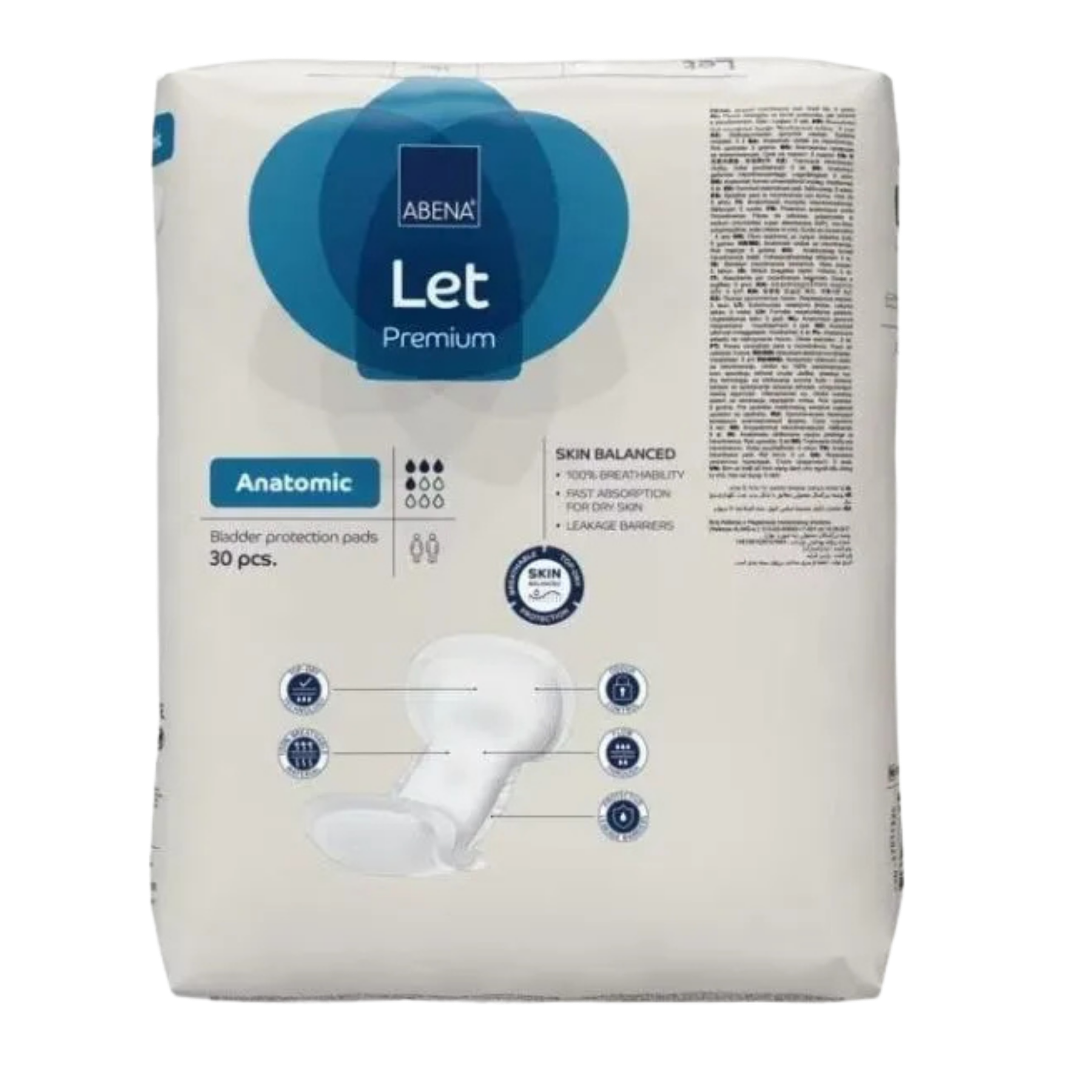 Rear packaging of Abena Let Anatomic showing product dimensions, 500ml capacity rating, and application instructions.