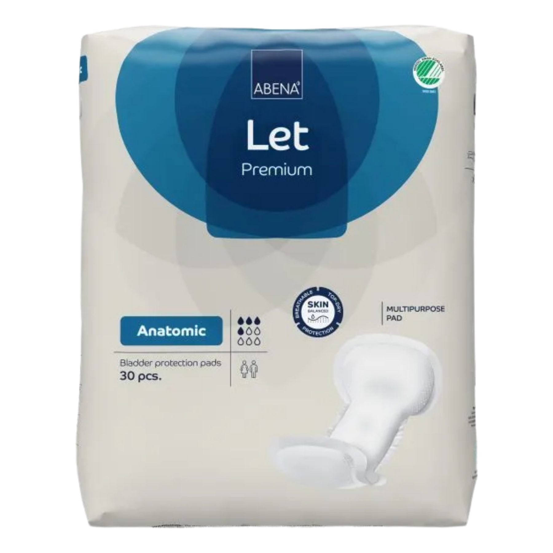Abena Let Anatomic booster pads in a 20-piece retail pack with 500ml absorbency capacity.