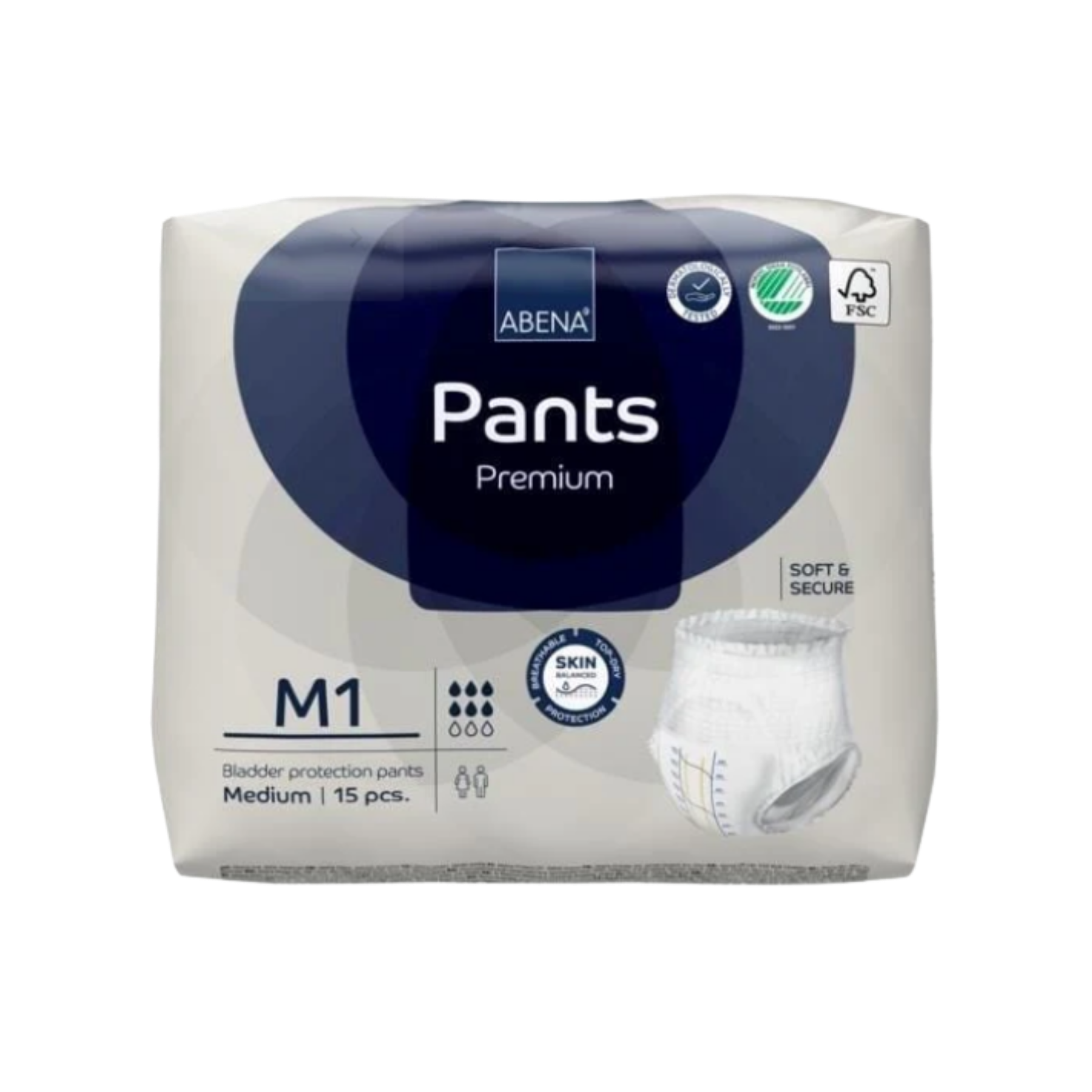 Abena Pants M1 Medium Blue pull-up incontinence pants with 1400ml absorbency for 80-110cm hip size.