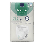 Front packaging of Abena Pants Premium Junior XS2 bladder protection pants, featuring 18 pieces per pack and Top-Dry Skin Balanced protection.