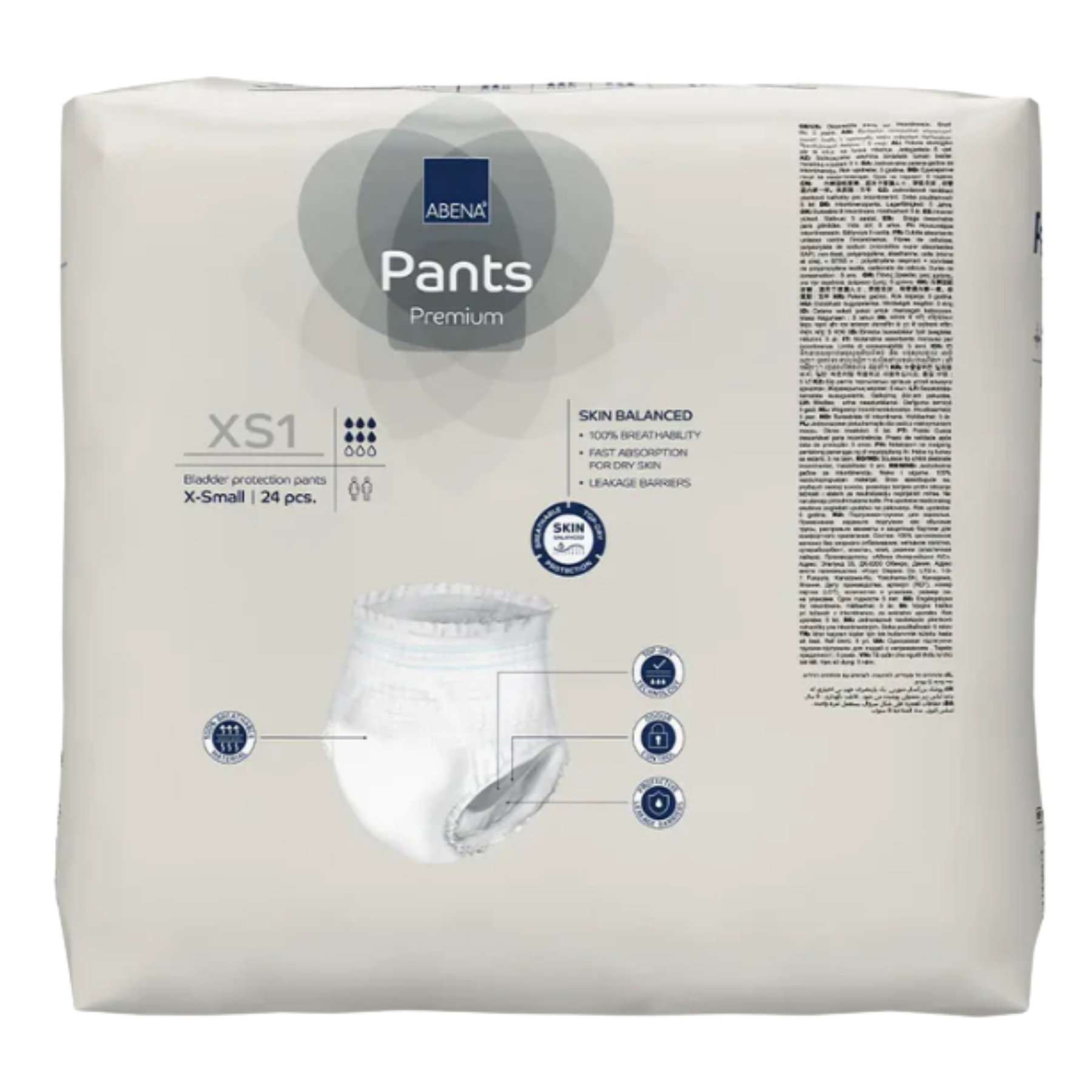 Rear view of Abena Pants XS1 Grey packaging showing the detailed size guide for 45-70cm hips, 1400ml absorbency level, and diagrams of the Top-Dry system and leakage barriers.