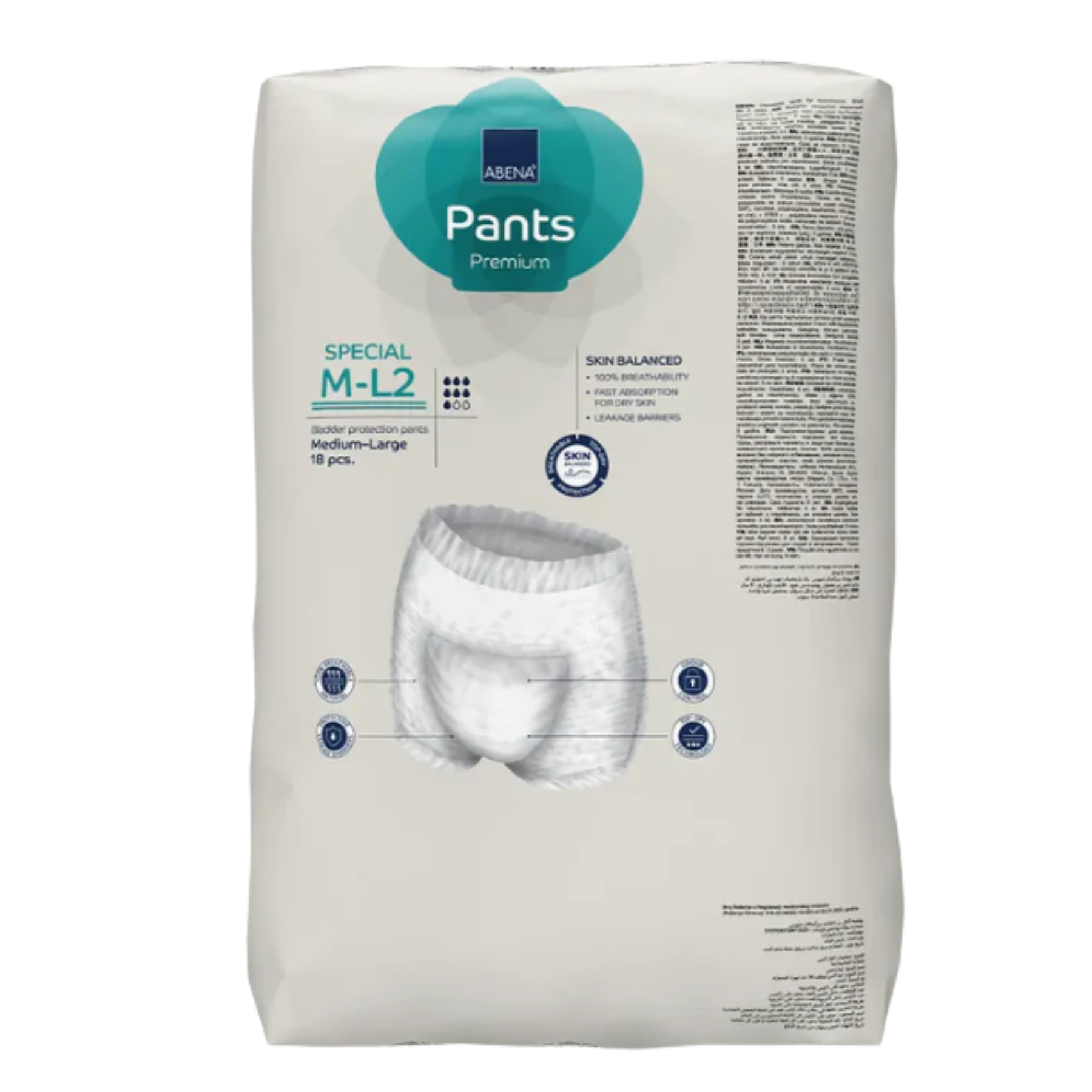 Detail view of Abena Pants Special M/L2 features including the high-capacity 1700ml core and breathable textile-like backsheet.