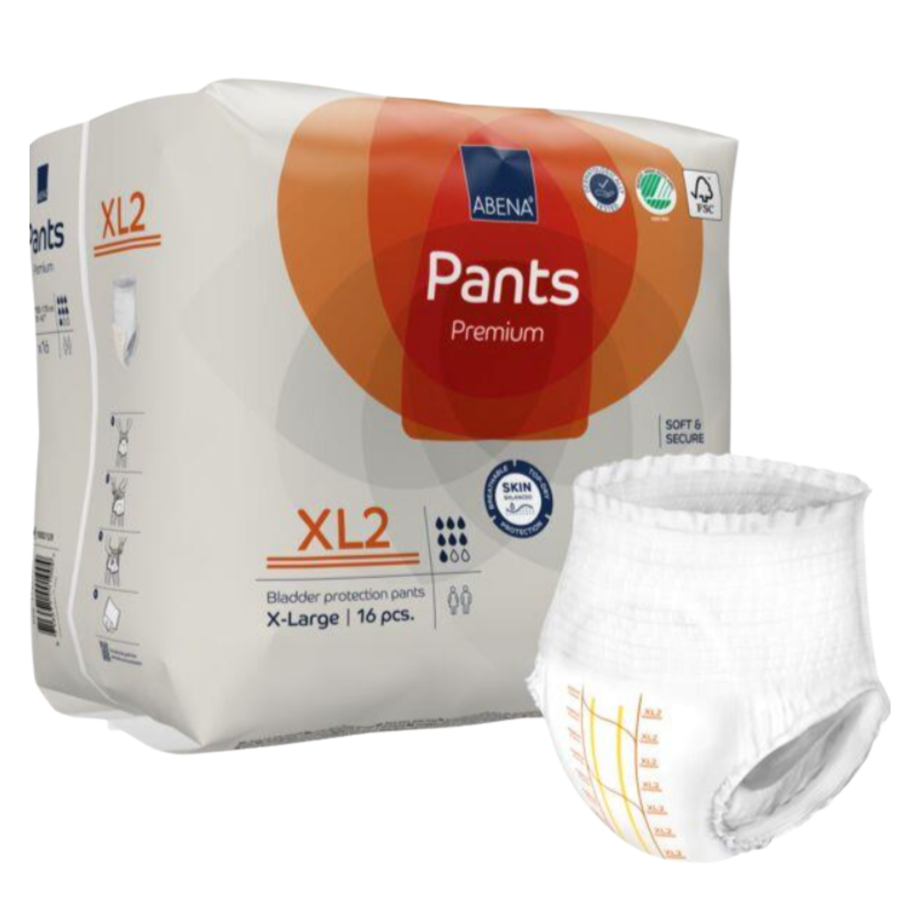 Abena Pants sizing guide for XL2 Orange variant, fitting waist measurements between 130cm and 170cm.