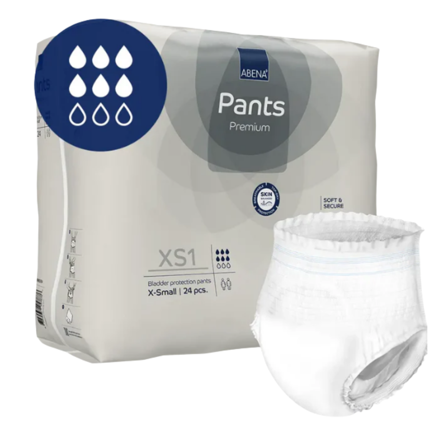 Extra Small Abena Pants XS1 in Grey showing the compact, discreet fit and elasticated waistband for smaller users.