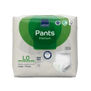 Front packaging of Abena Pants Zero L0 in Large Green, showing the 1100ml absorbency rating, premium pull-up design, and suitability for hip sizes 100-140cm.