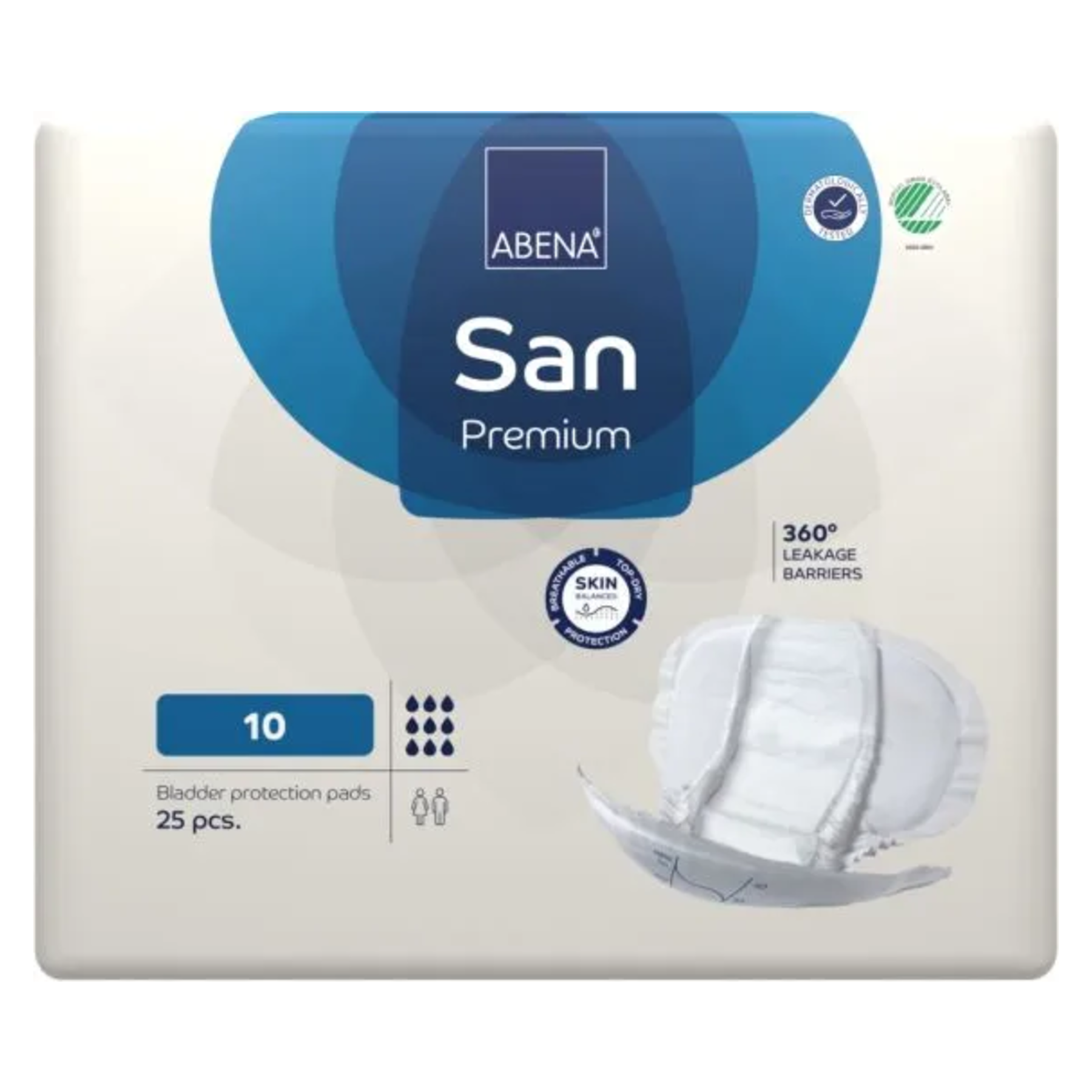 Front view of Abena San Premium size 10 bladder protection pads packaging, indicating a 25-piece pack with 360-degree leakage barriers.