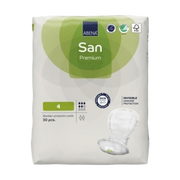 Front view of ABENA San Premium size 4 bladder protection pads packaging, showing 30 pieces and a moderate absorbency rating.