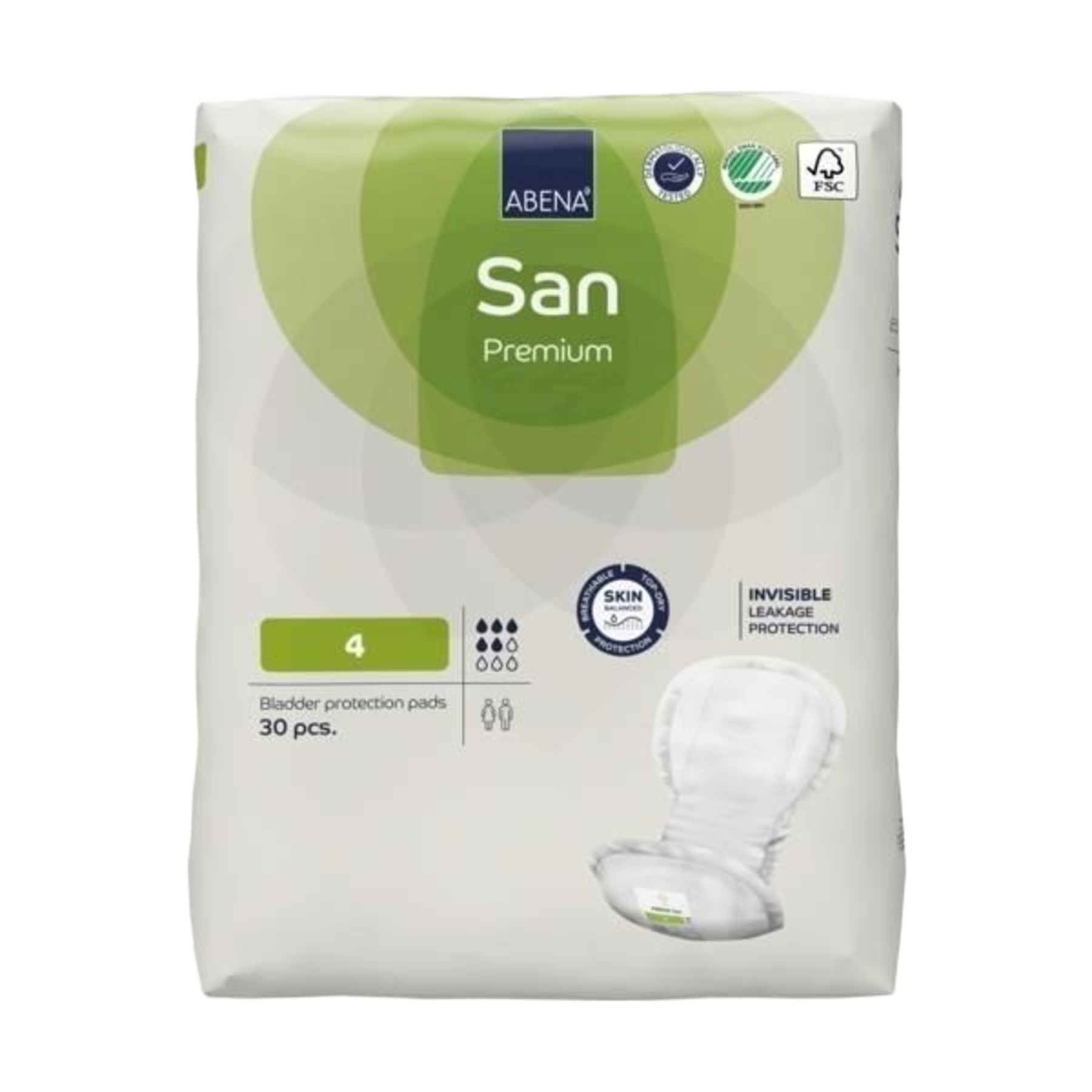 Front view of ABENA San Premium size 4 bladder protection pads packaging, showing 30 pieces and a moderate absorbency rating.
