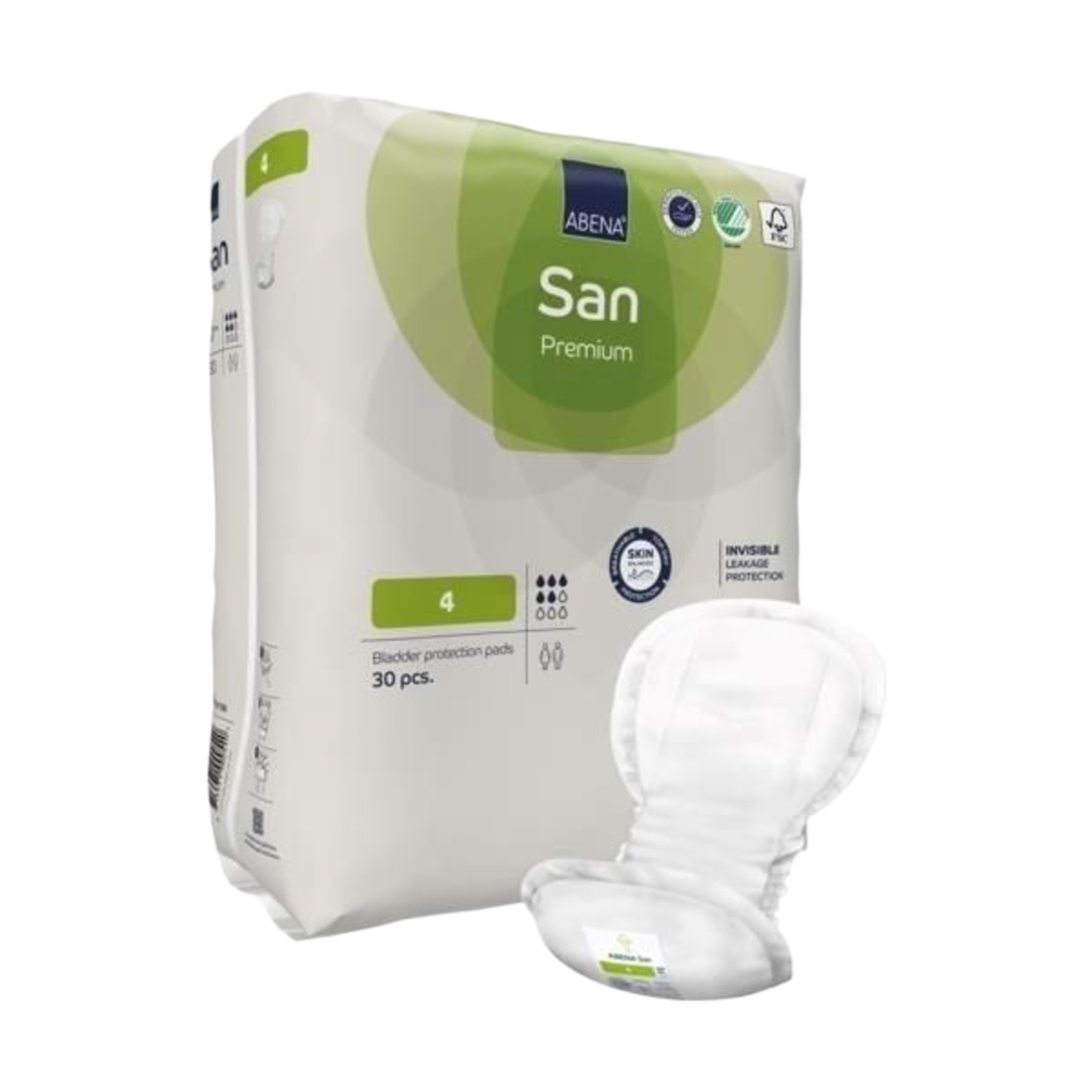 A 3D perspective of the ABENA San Premium 4 packaging with a single contoured white bladder protection pad displayed in the foreground.