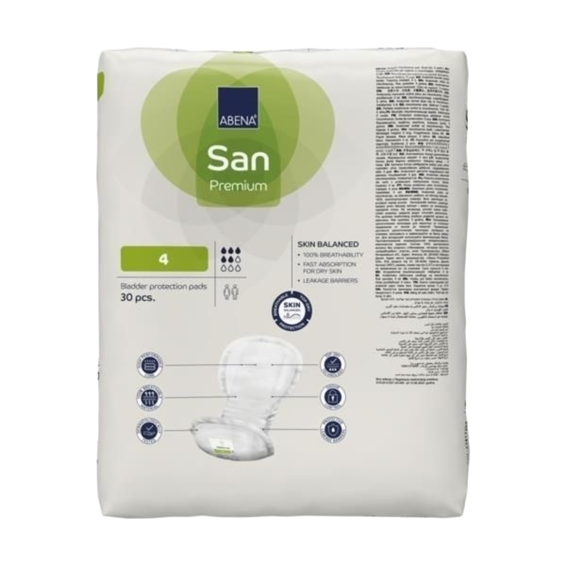 Back of ABENA San Premium size 4 packaging detailing key features including 100% breathability, fast absorption for dry skin, and leakage barriers.