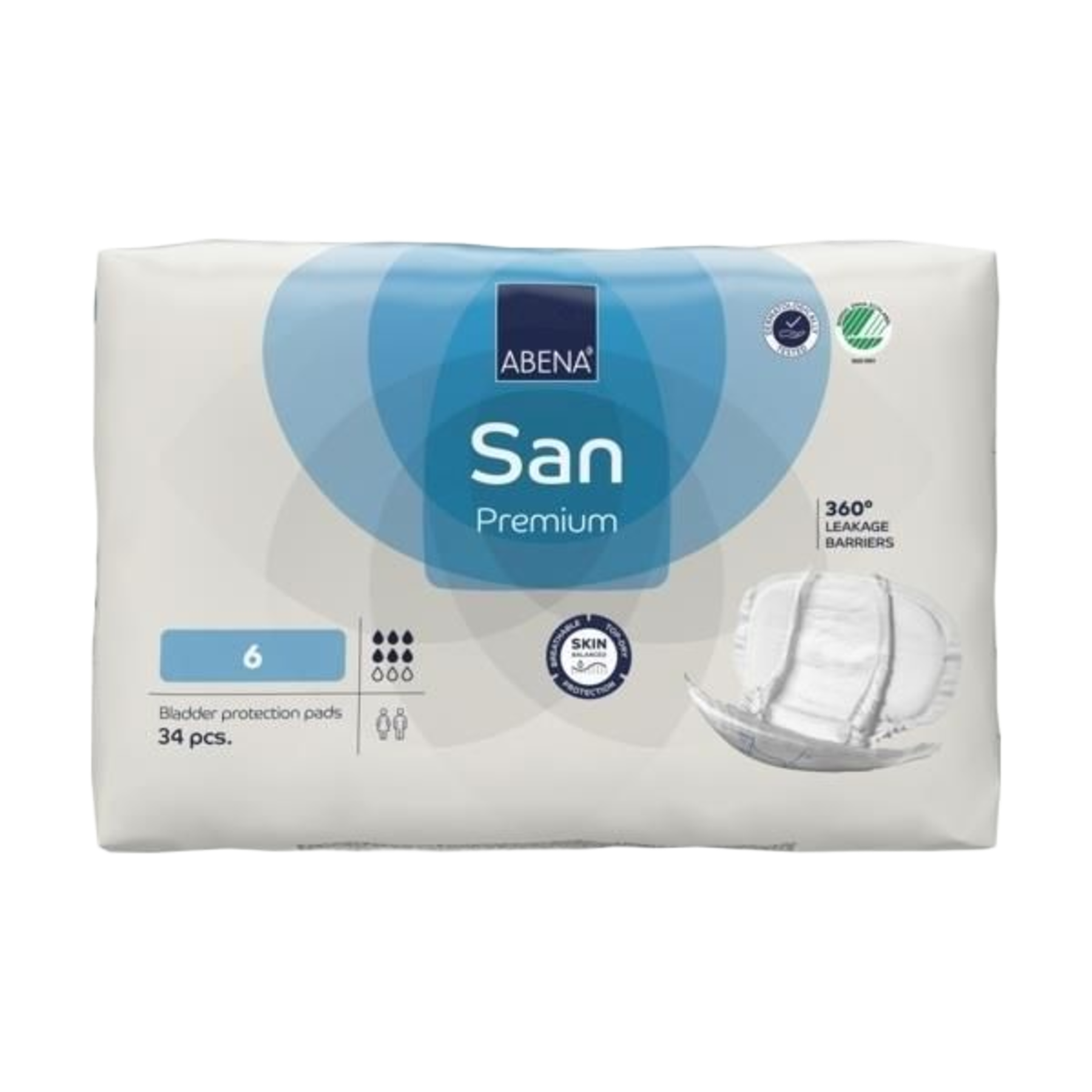 A clean front-facing product shot of the Abena San Premium 6 bladder protection pads 34-piece pack, showing the blue absorption level indicator and skin-balanced certification.