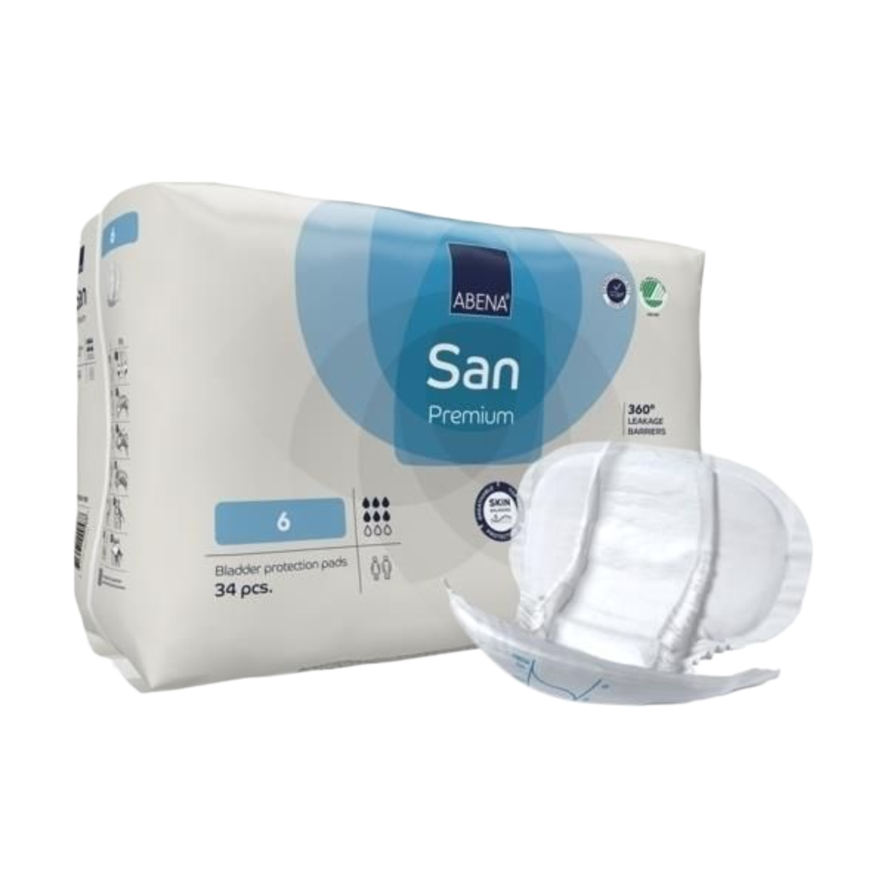 Perspective view of the Abena San Premium 6 packaging with an individual contoured pad displayed in the foreground to show the 360-degree leakage barriers and shape.