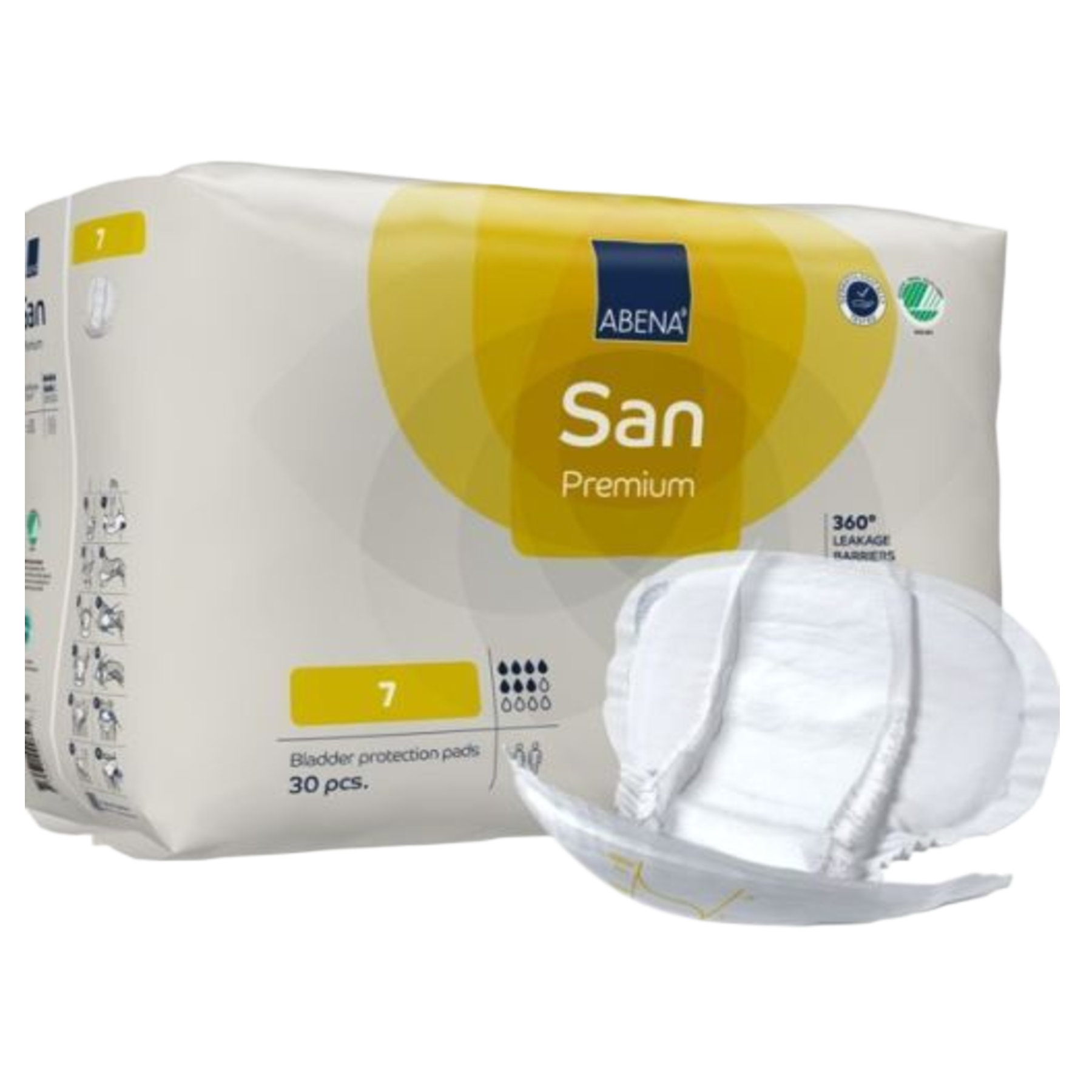 A perspective view of Abena San Premium Level 7 bladder protection pads in a 30-count bag, featuring an individual pad showing the 360-degree leakage barriers.