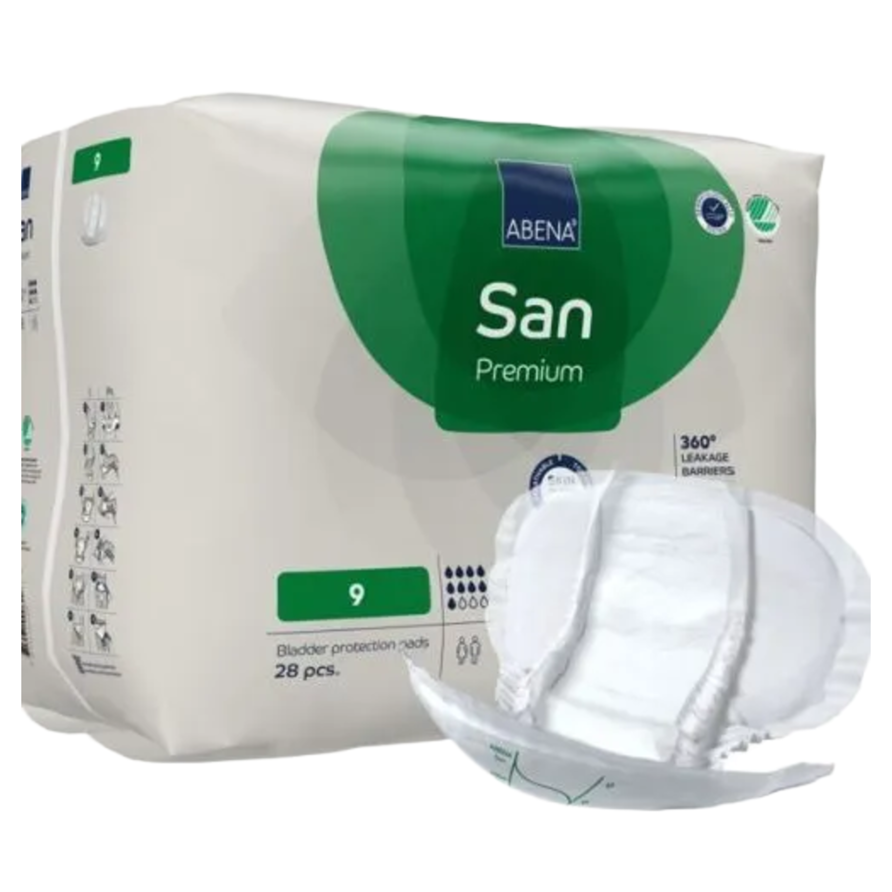 Perspective view of the ABENA San Premium 9 pack, highlighting the application instructions and product features printed on the side panel.