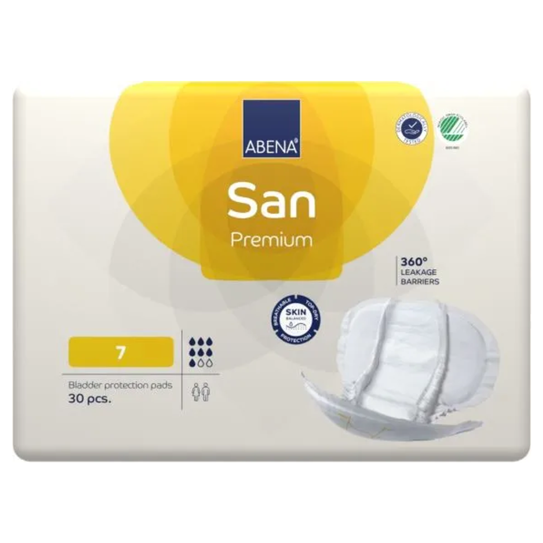 Flat front view of Abena San Premium Level 7 bladder protection pads packaging, showing the yellow level indicator and unisex usage icons.