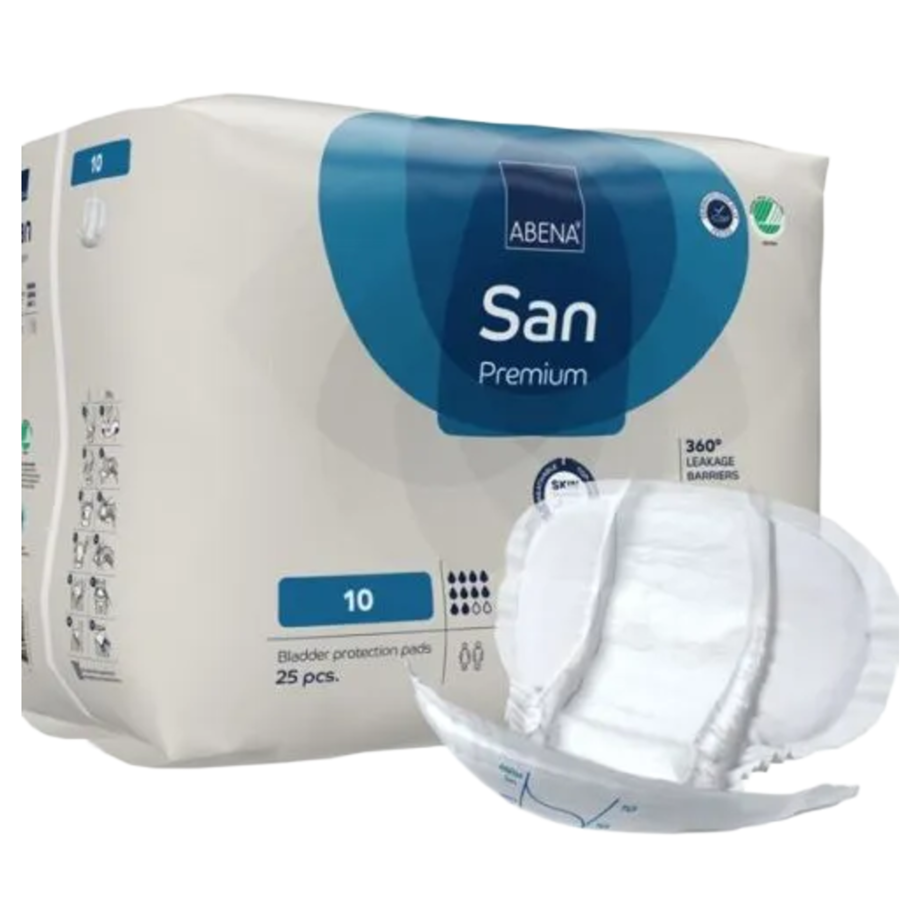 Angled view of the Abena San Premium size 10 incontinence pad pack showing the product illustration and side panel instructions.