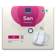 Front view of the Abena San Premium size 11 incontinence pads 21-count pack, featuring 360-degree leakage barriers and dermatologically tested certification.