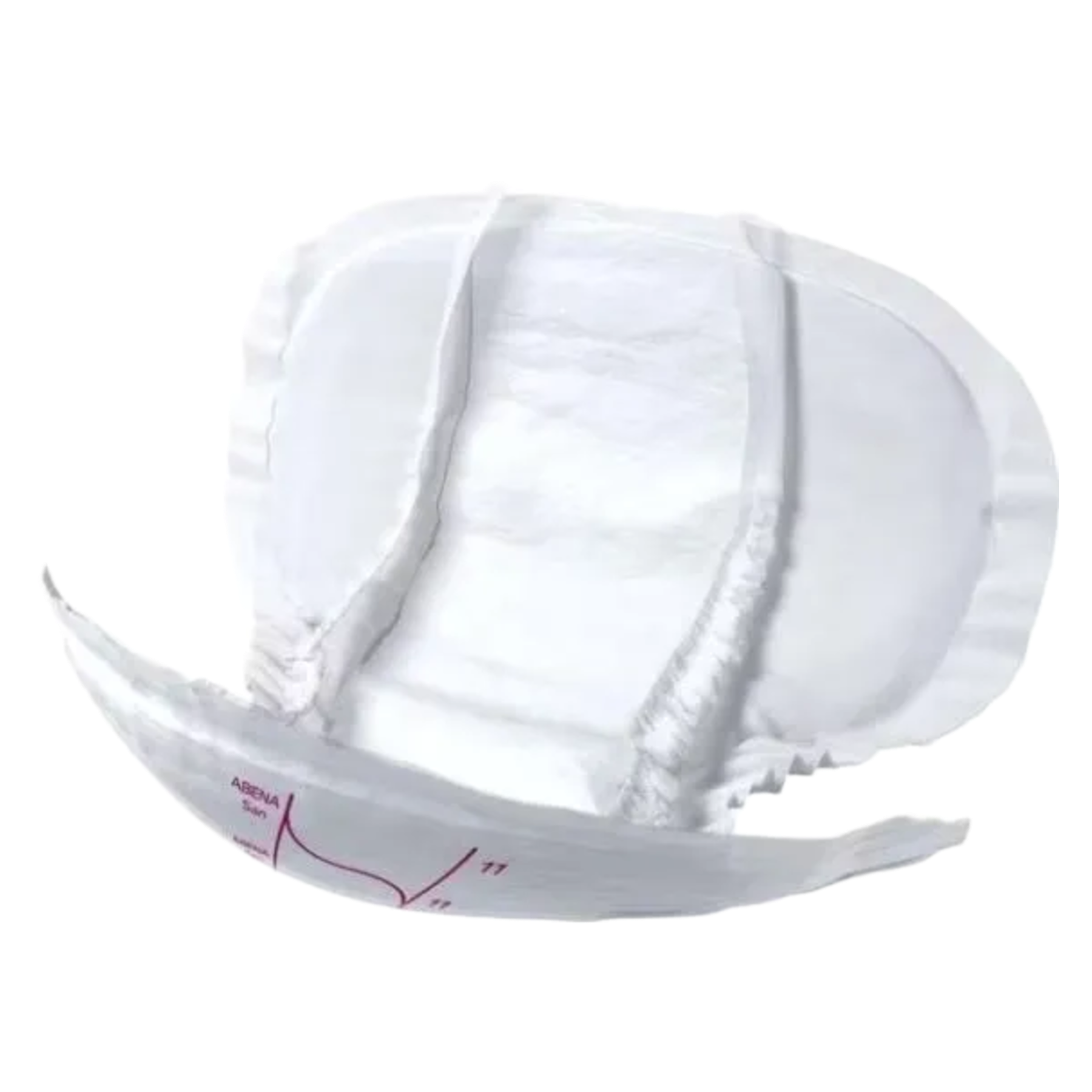 Close-up of an individual Abena San Premium size 11 pad showing its contoured anatomical shape, elastic leakage barriers, and pink size 11 markings.