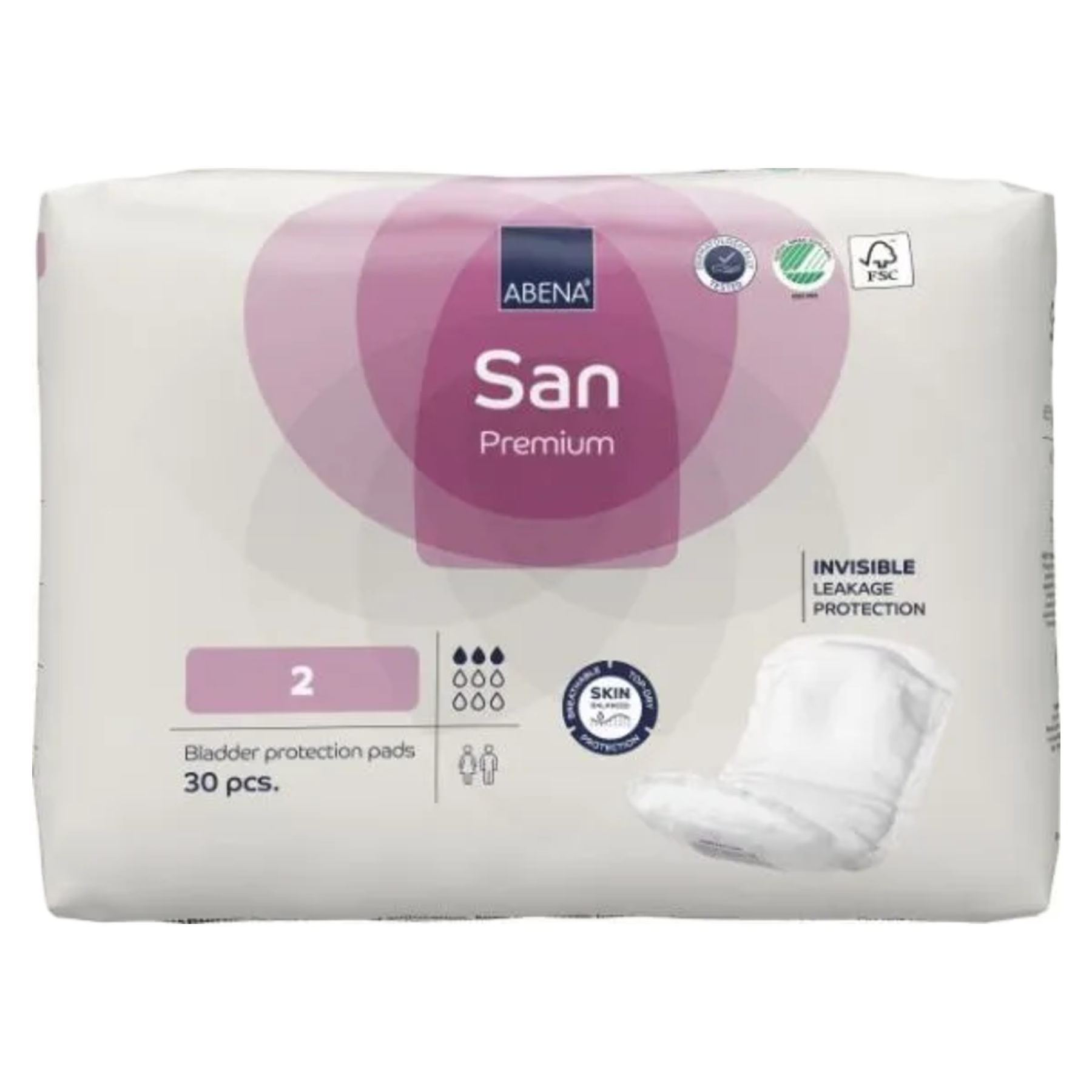 Front view of Abena San Premium size 2 bladder protection pads packaging, featuring the purple design, 3-drop absorbency rating, and FSC certification logo.