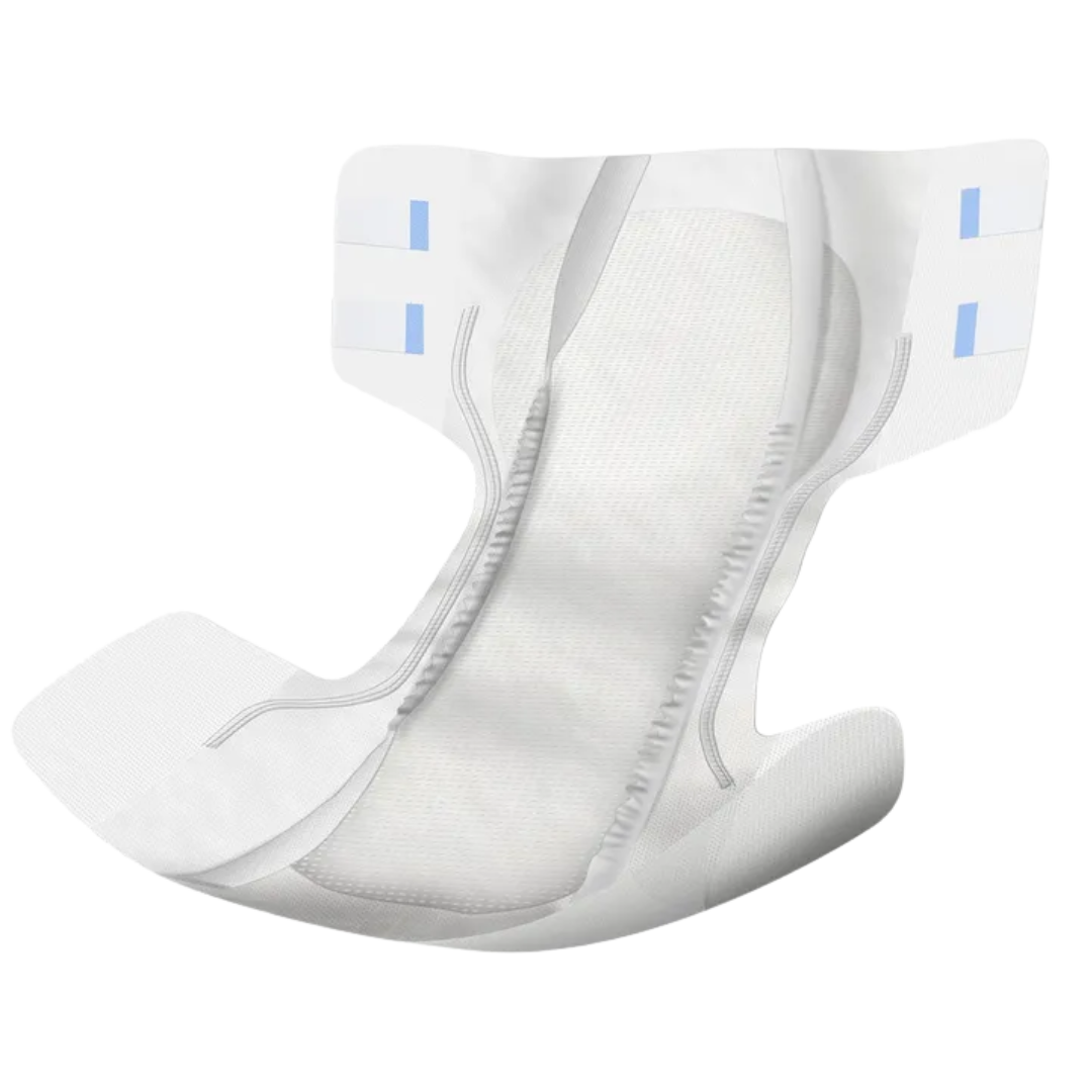 Close-up, angled view of the white Abena Slip Basic adult brief/diaper, highlighting the leak guards, absorbent core, and repositionable tapes.