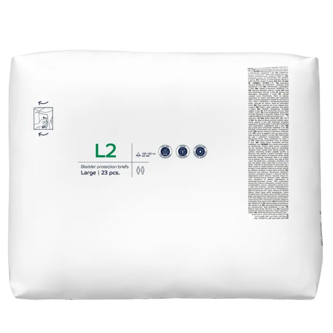 Angled view showing the Abena Slip Basic L2 package (Large, 23 pcs) with one unfolded brief/diaper product floating in the foreground.