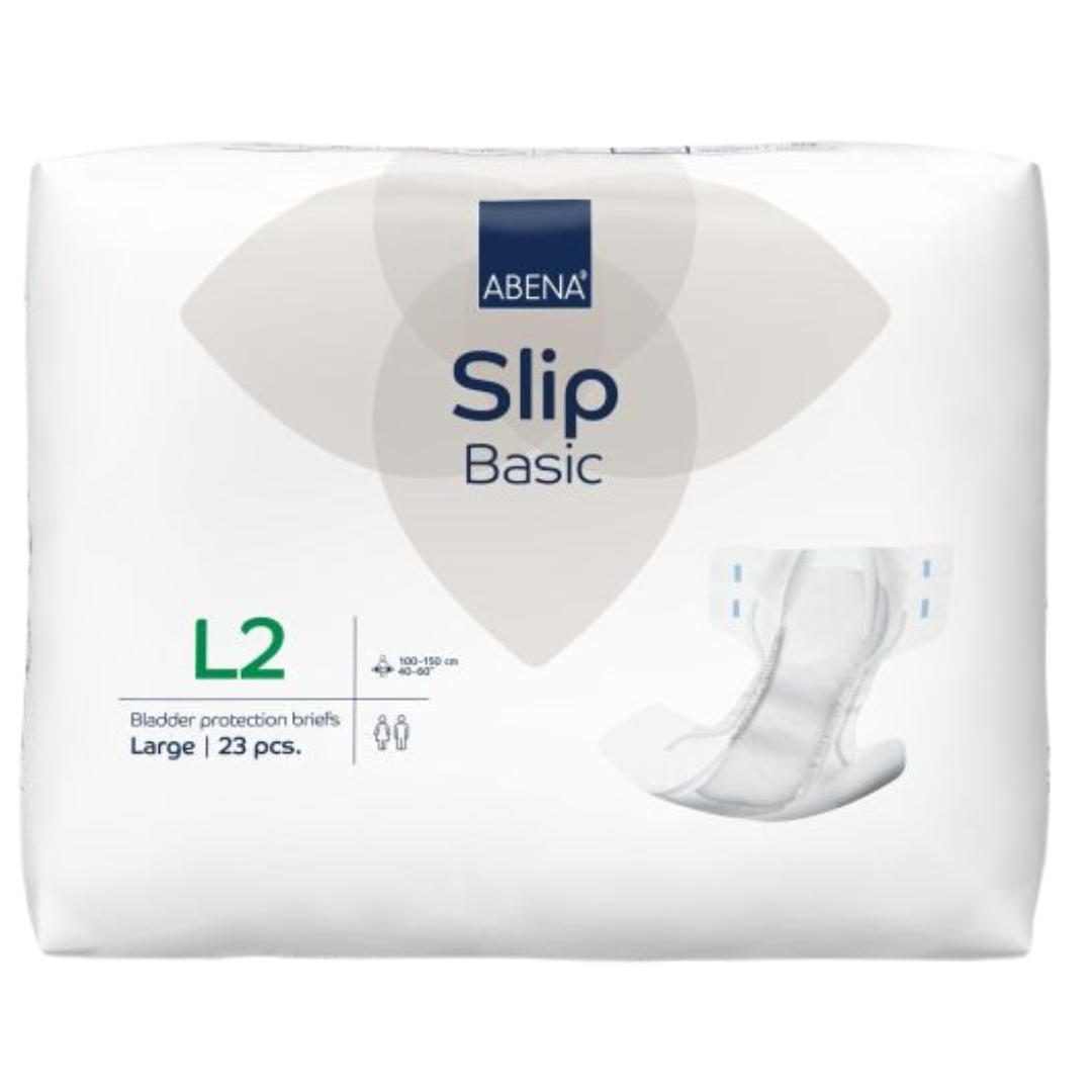 Front view of the Abena Slip Basic L2 package, size Large, 23 pieces, with brief product features and text information displayed.