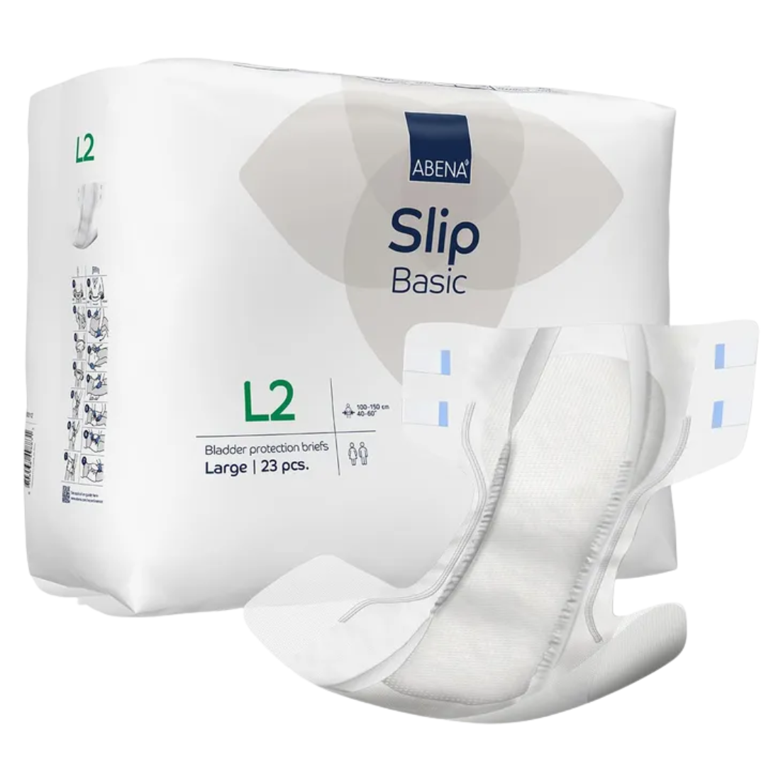Front view of the Abena Slip Basic L2 package, size Large, 23 pieces, showing the "Abena Slip Basic" branding and an outline of the brief product.