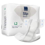 Front view of the Abena Slip Basic L2 package, size Large, 23 pieces, showing the "Abena Slip Basic" branding and an outline of the brief product.