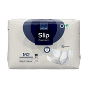 Front view of ABENA Slip Premium M2 bladder protection briefs packaging for medium size, featuring a 24-piece count, high performance core, and skin-balanced protection.