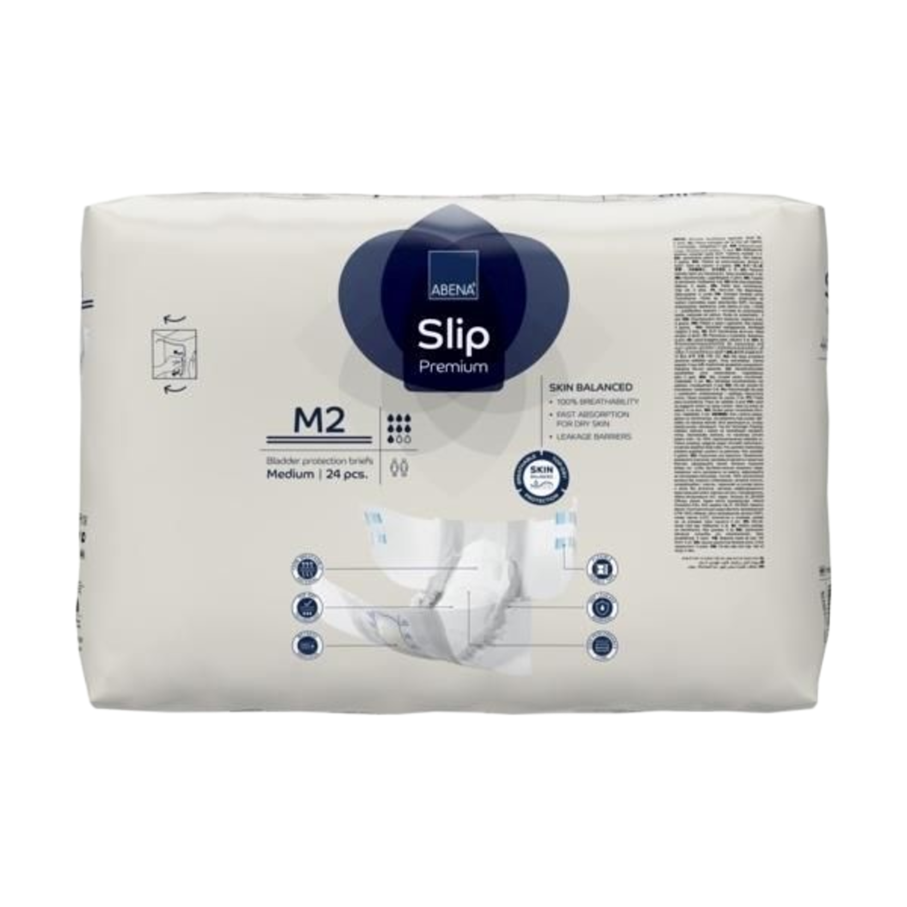 A side perspective of the ABENA Slip Premium M2 package showing a sample of the white incontinence brief with side tapes and an elasticated leg barrier.