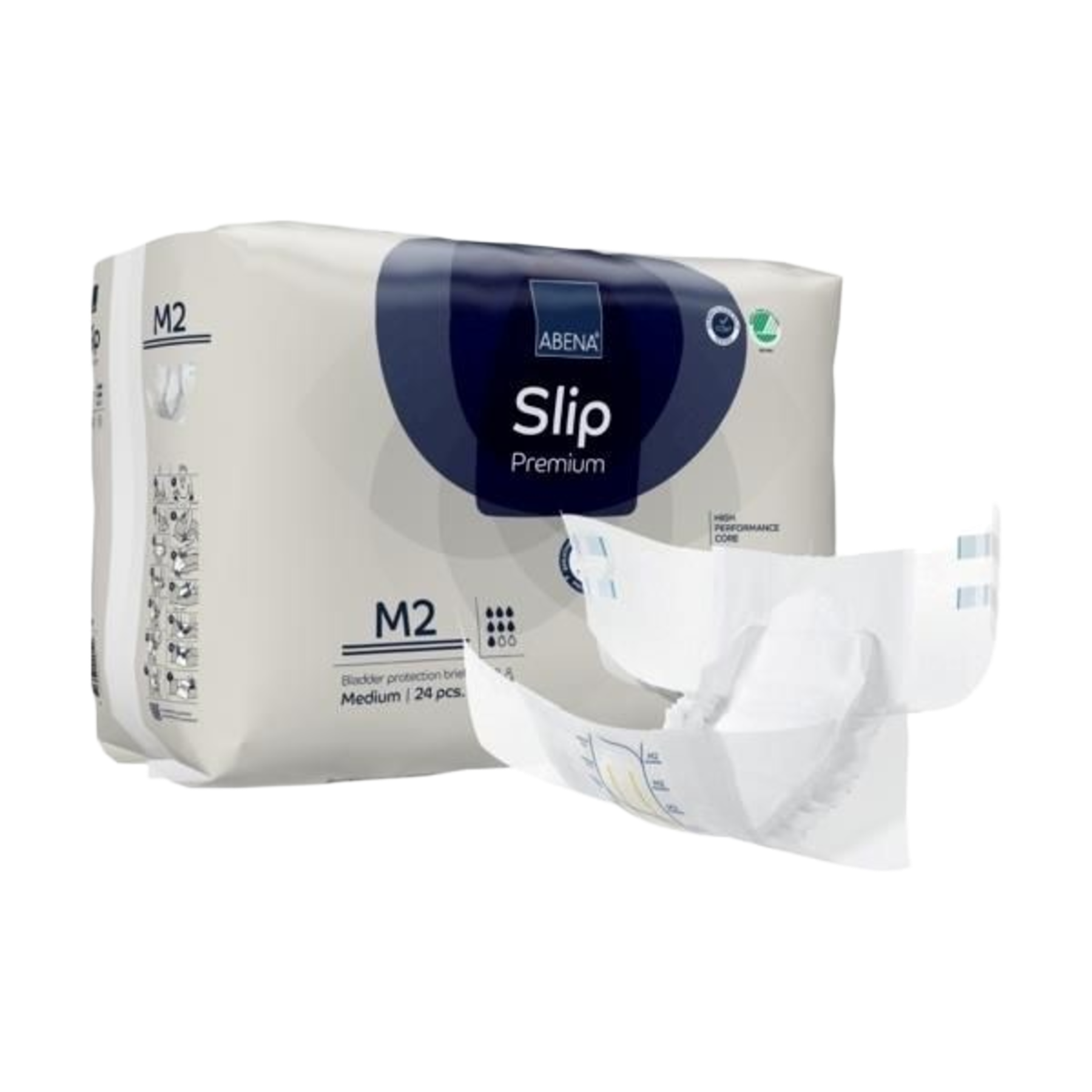 Rear view of the ABENA Slip Premium M2 packaging highlighting product features including 100% breathability, fast absorption for dry skin, and leakage barriers.