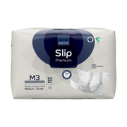Front packaging view of ABENA Slip Premium M3 medium bladder protection briefs, indicating a 23-piece count and higher absorbency rating.