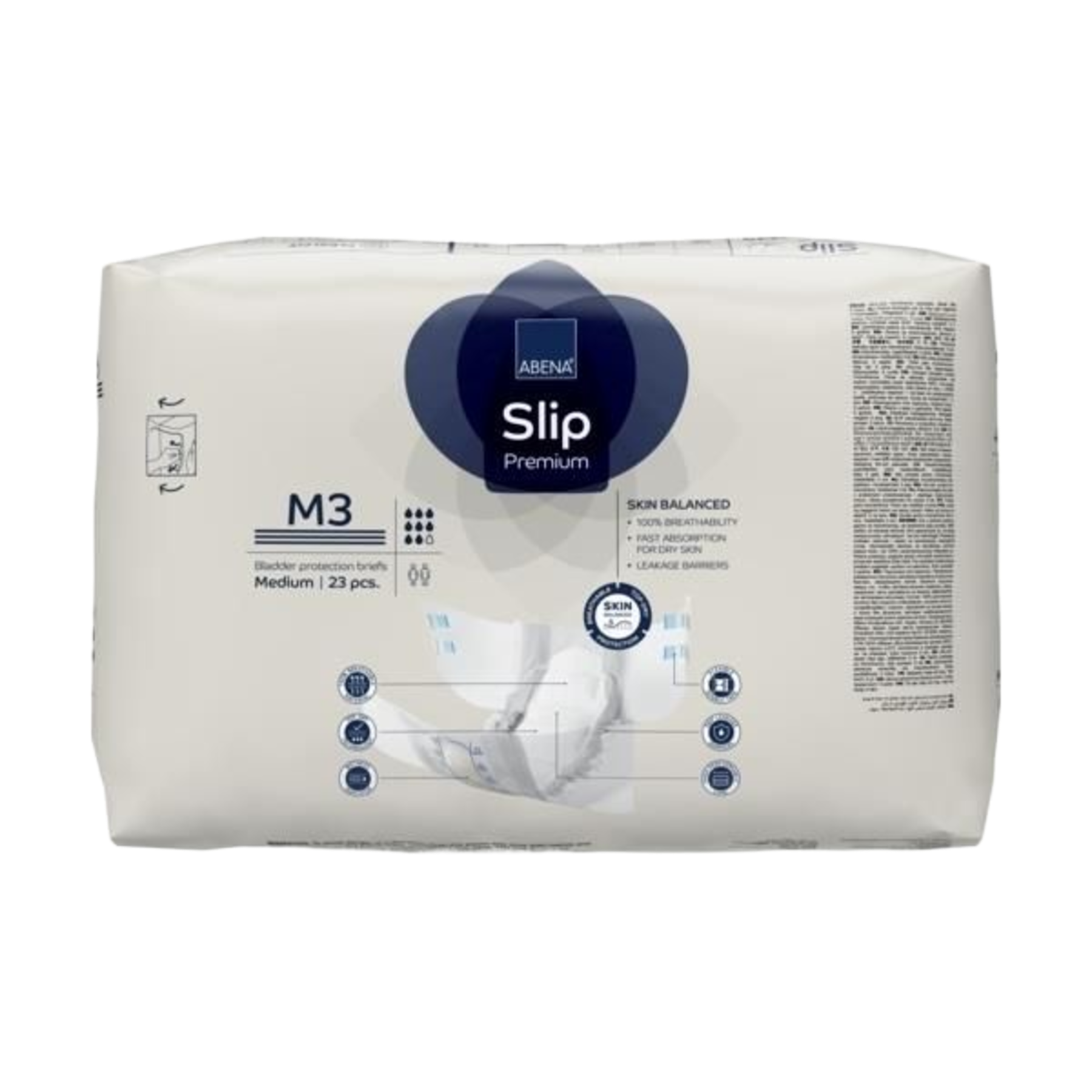 Back panel of ABENA Slip Premium M3 packaging highlighting leakage barriers and dermatologically tested skin protection.