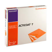Smith & Nephew ACTICOAT 7 antimicrobial silver barrier dressing box, 5-count, showing the 7-day duration indicator.