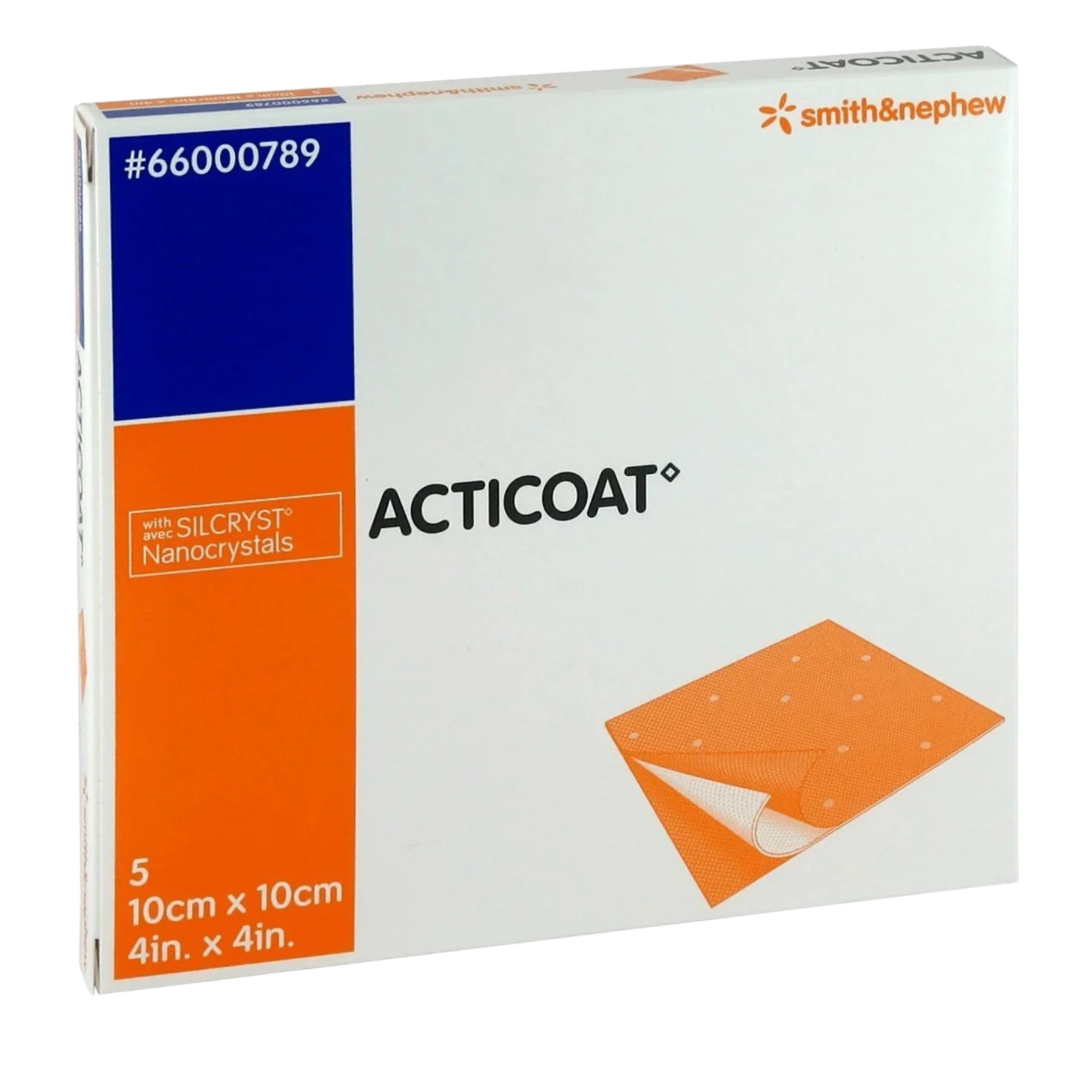 Retail packaging for Smith & Nephew ACTICOAT antimicrobial silver dressing, 10cm x 10cm (4in x 4in) size, containing 5 dressings.