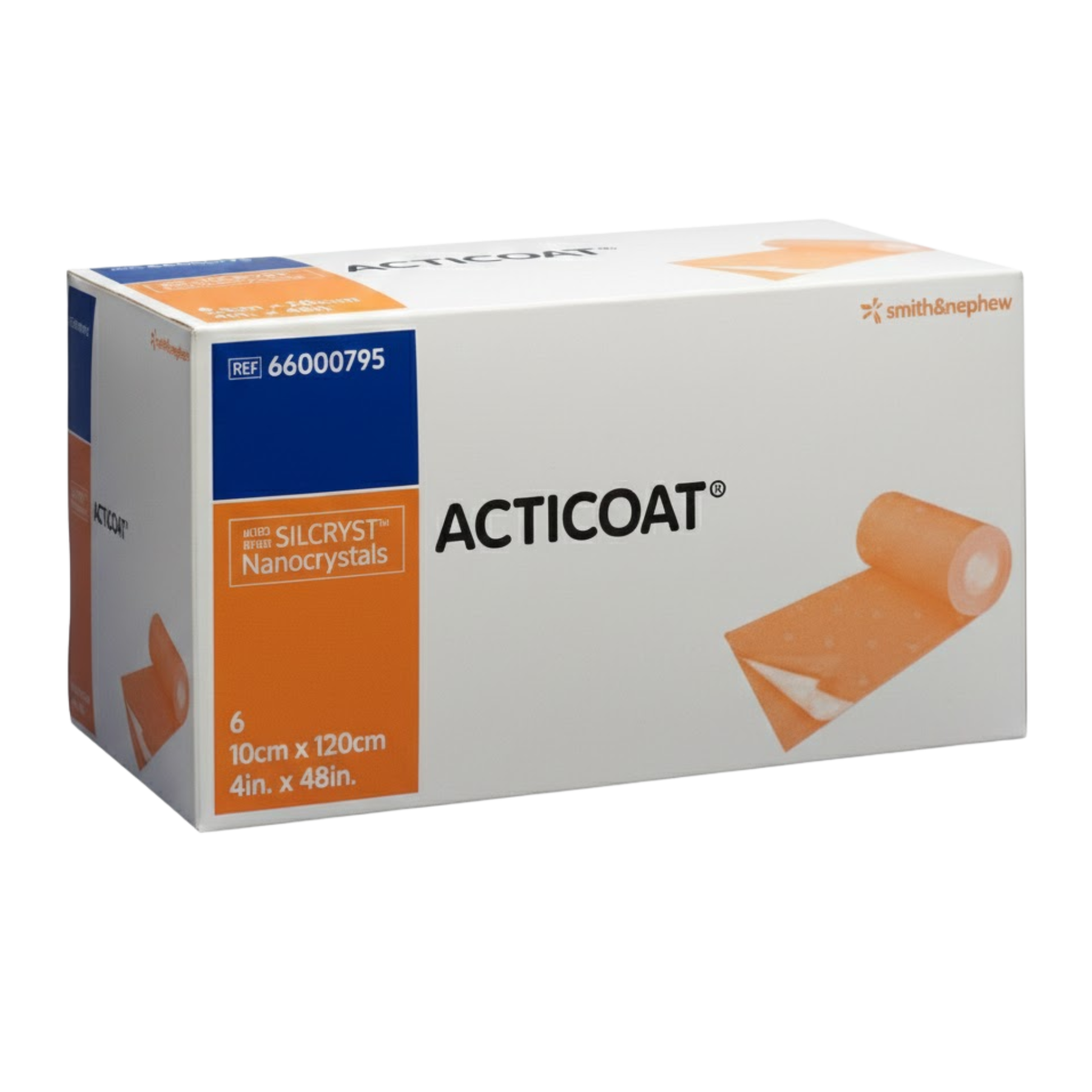 Large box for ACTICOAT antimicrobial silver dressing in a 10cm x 120cm roll format, REF 66000795.