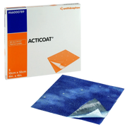 A blue ACTICOAT silver antimicrobial dressing shown next to its 10x10cm retail packaging.