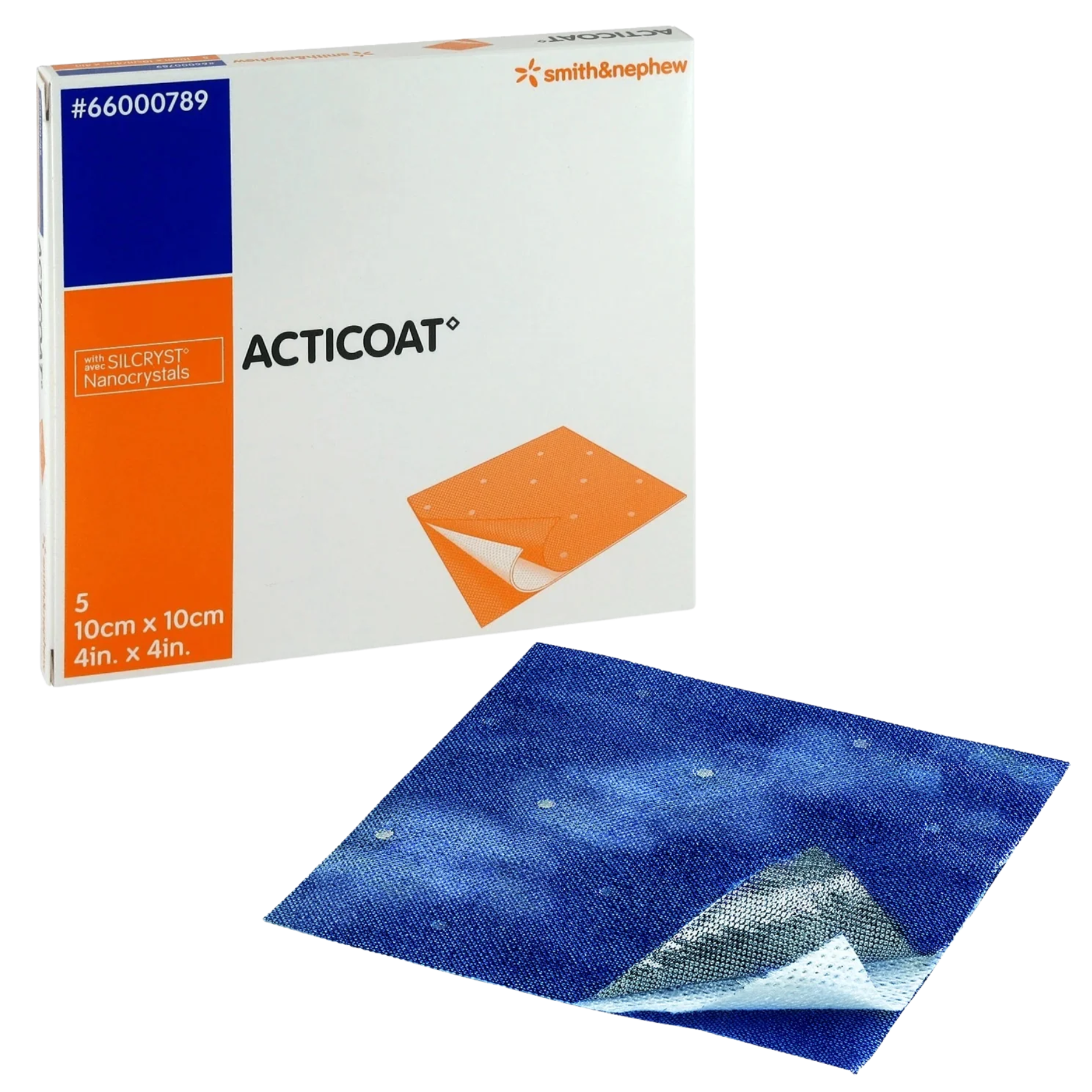A blue ACTICOAT silver antimicrobial dressing shown next to its 10x10cm retail packaging.