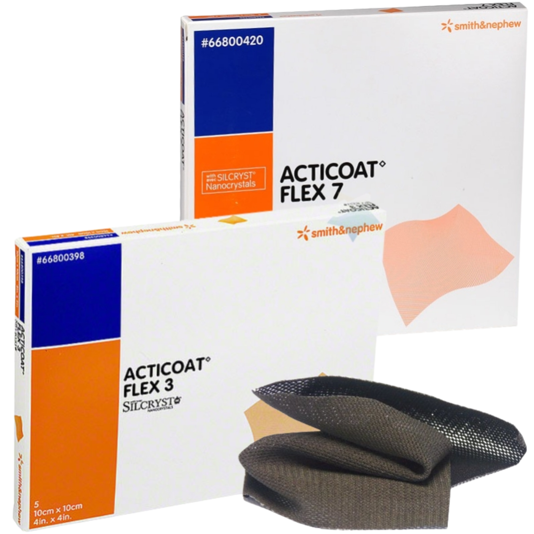 A comparison display showing the retail boxes for both ACTICOAT Flex 3 and ACTICOAT Flex 7 alongside a folded dark grey antimicrobial silver dressing.