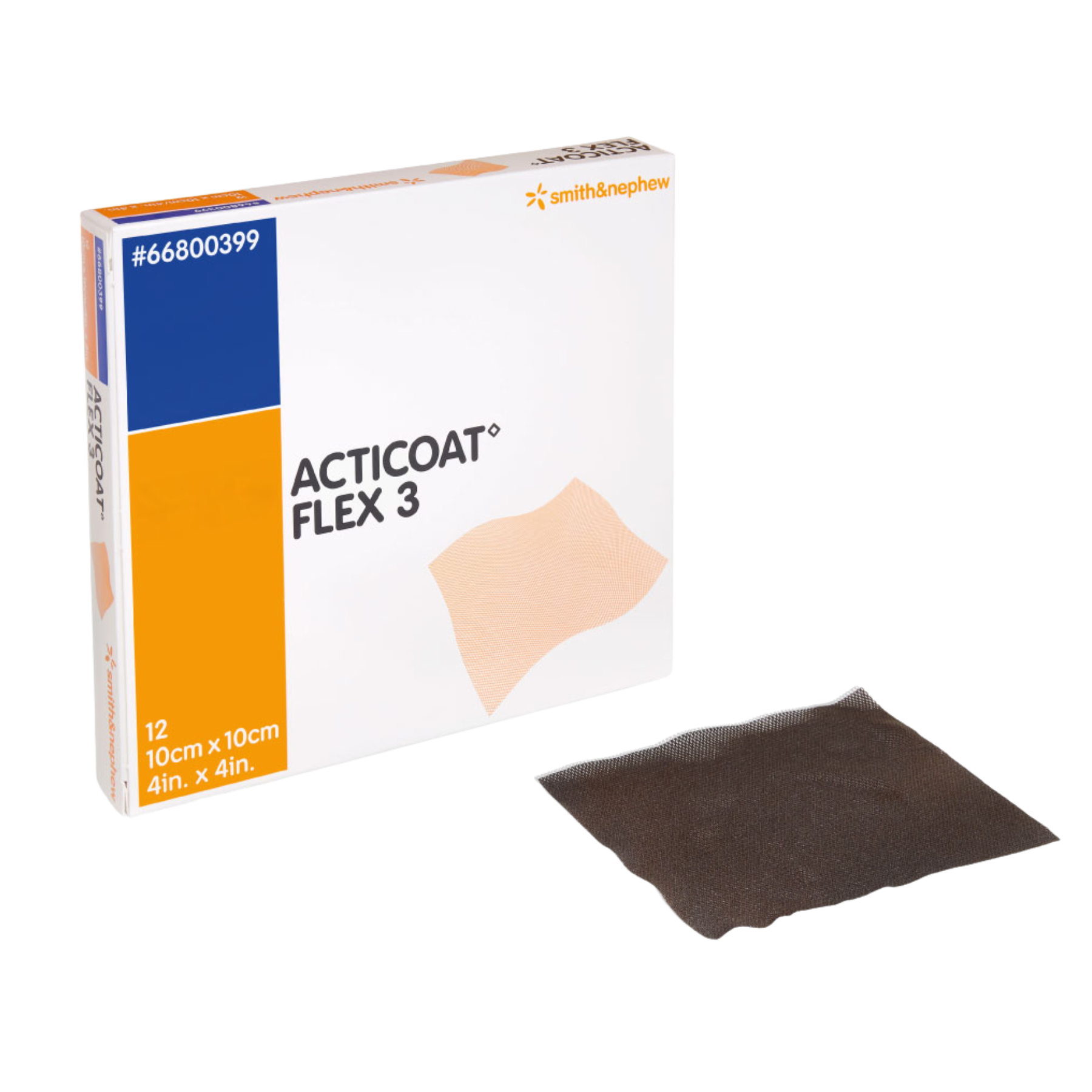 A retail box of ACTICOAT Flex 3 antimicrobial dressings shown with one unwrapped dark grey mesh-like silver dressing, size 10cm x 10cm.