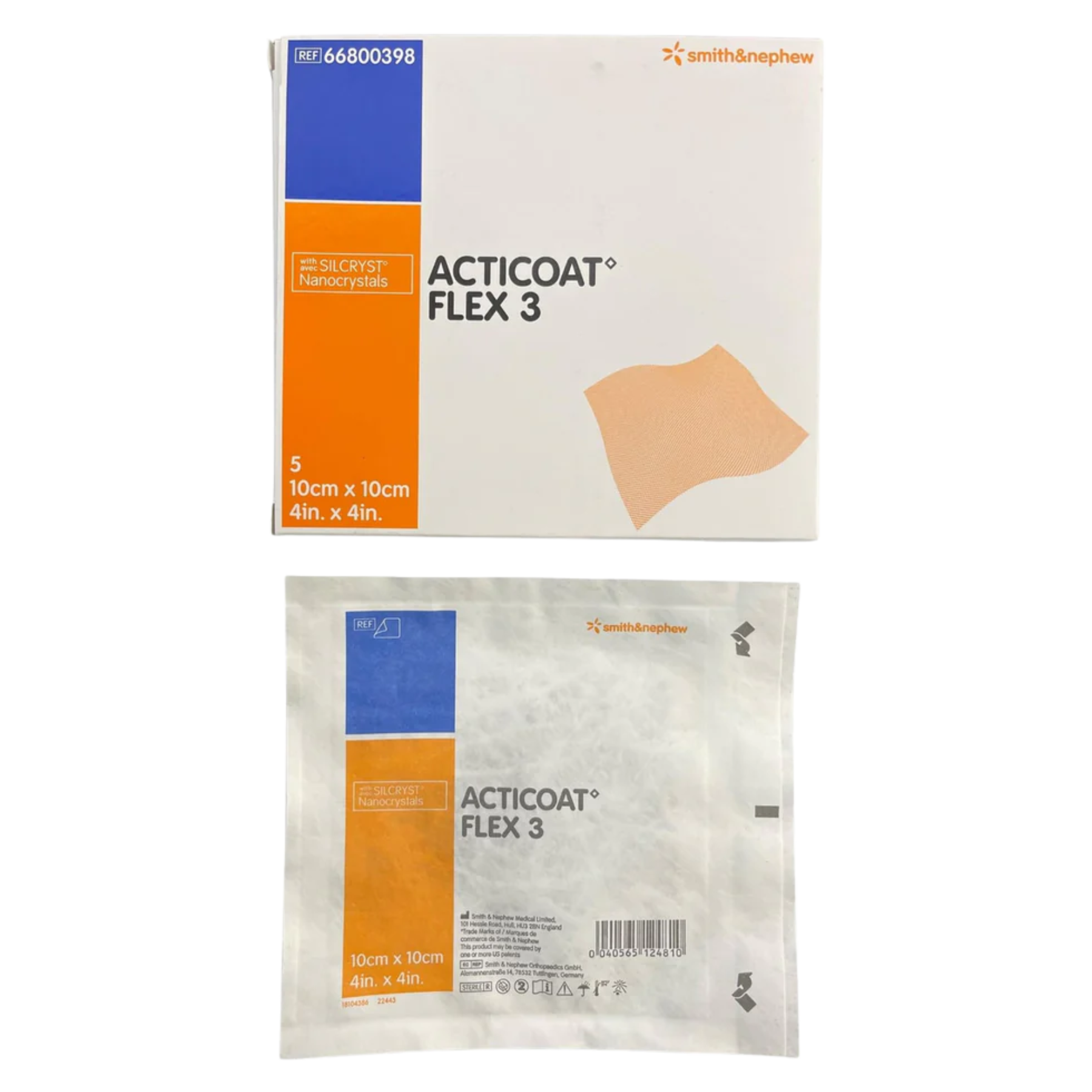 A retail box and sterile individual pouch for ACTICOAT Flex 3 with Silcryst Nanocrystals, size 10cm x 10cm (4in. x 4in.).