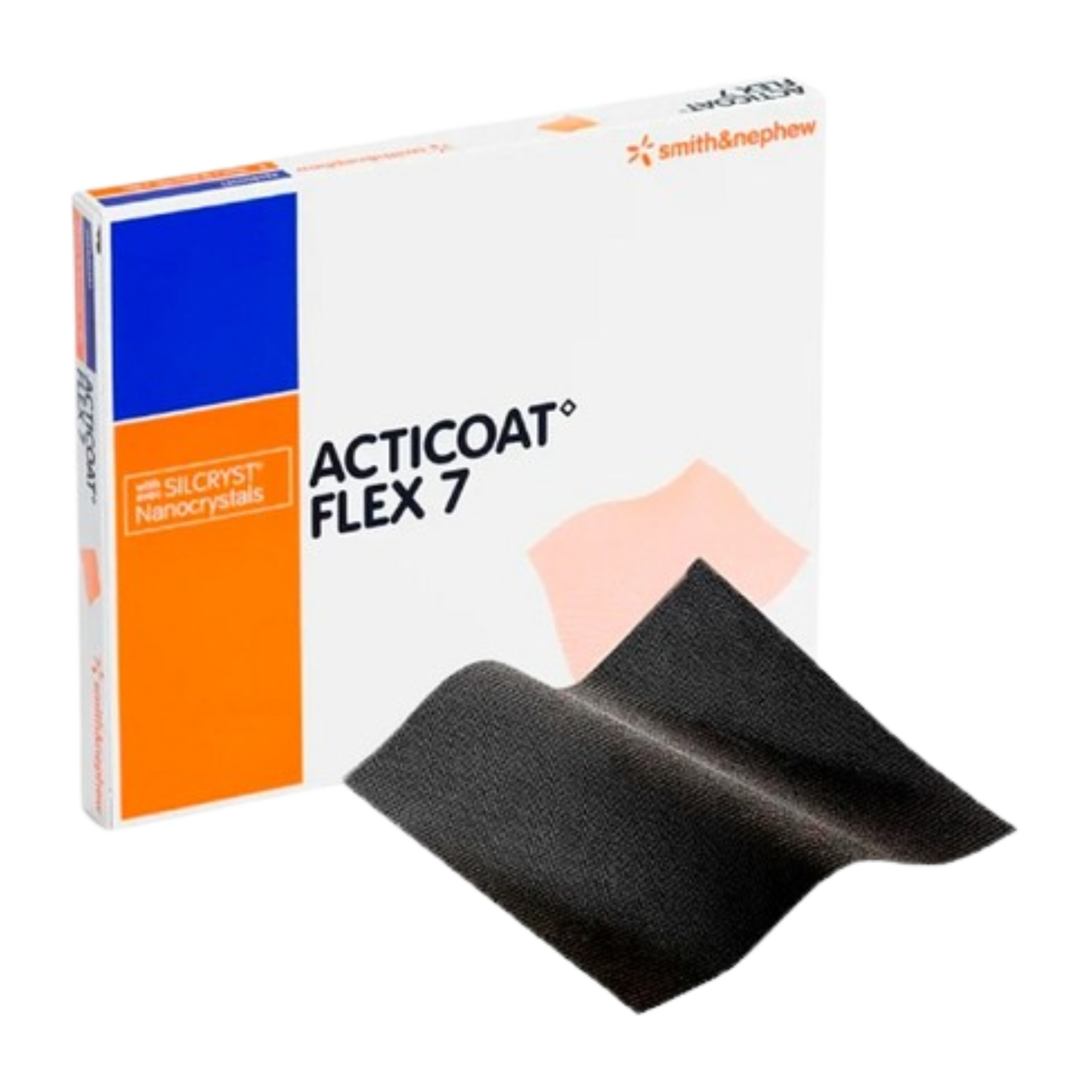 A retail box for ACTICOAT Flex 7 with Silcryst Nanocrystals shown with an unwrapped dark grey mesh-like silver antimicrobial dressing.