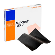 A retail box for ACTICOAT Flex 7 with Silcryst Nanocrystals shown with an unwrapped dark grey mesh-like silver antimicrobial dressing.