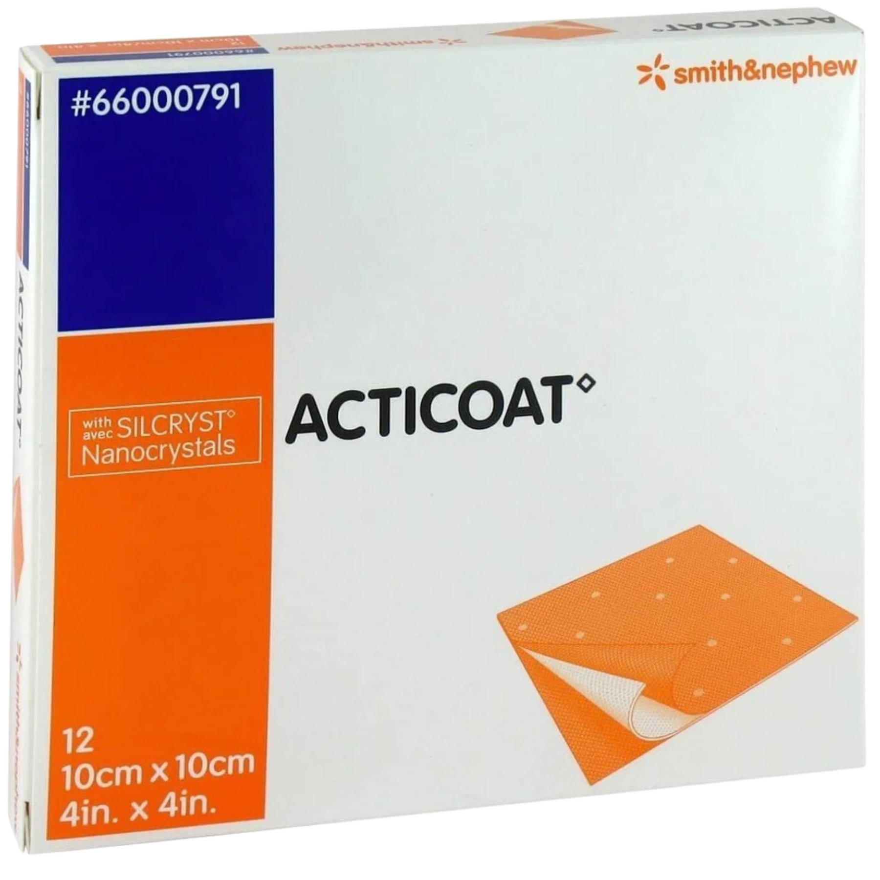 Smith & Nephew ACTICOAT antimicrobial silver dressing, 10cm x 10cm (4in x 4in) size, 12-count retail box, REF 66000791.