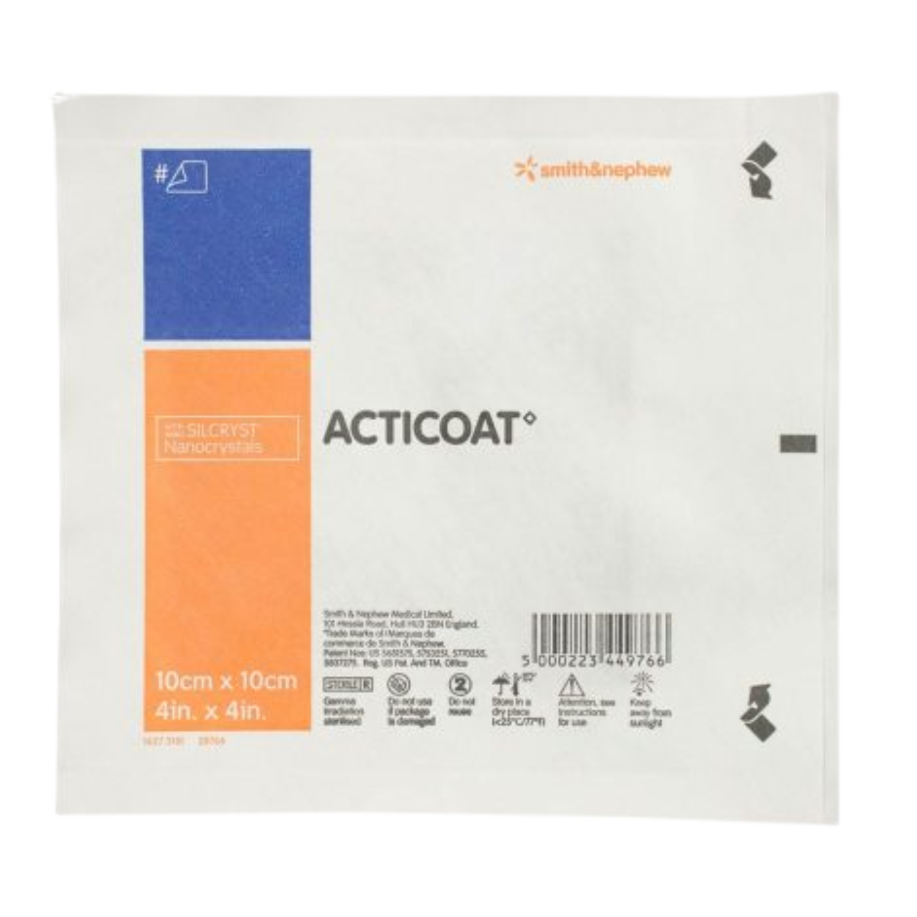 Individual sterile peel-pouch for an ACTICOAT silver antimicrobial dressing with product specifications and barcode.