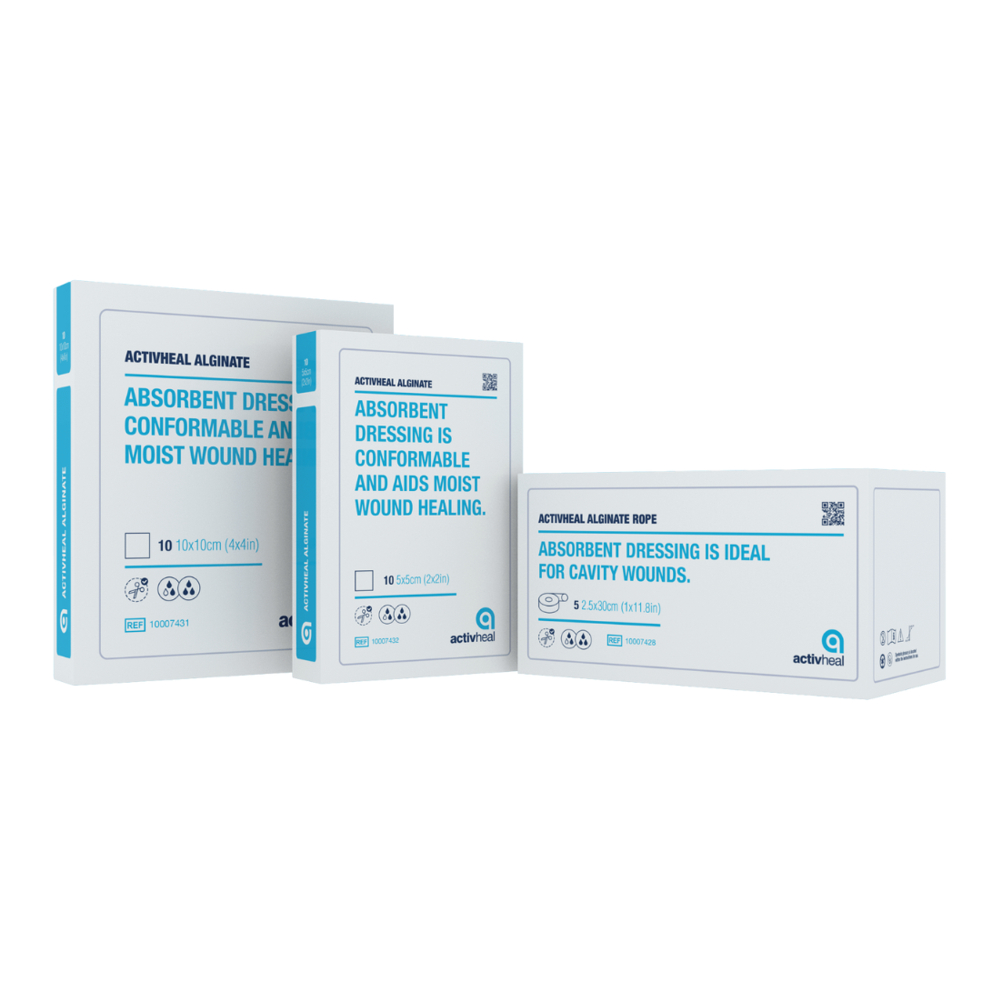 Three ActivHeal Alginate product boxes: two square pads and one long rope for cavity wounds, highlighting product range.