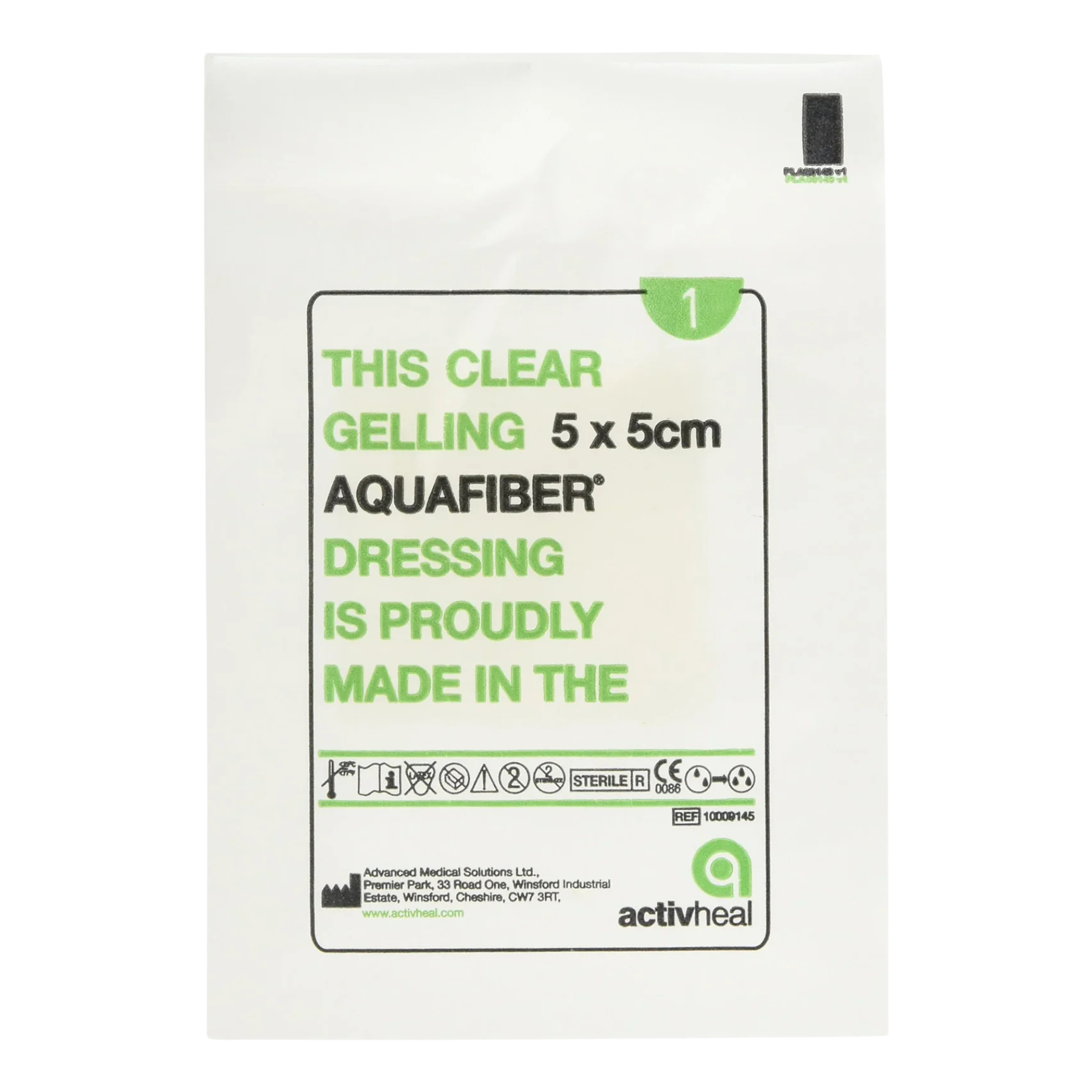 Individual 5x5cm sachet of ActivHeal Aquafiber clear gelling dressing, displaying product dimensions and safety certification symbols.